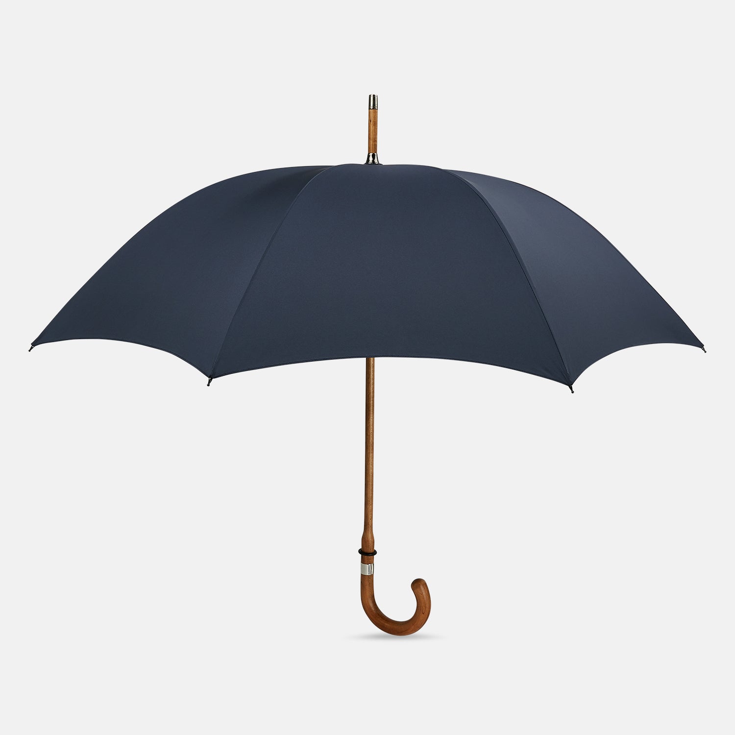 Image 1 of product The Turnbull & Asser Navy Umbrella with Maple Crook Handle is open against a white background—an elegant men's accessory inspired by classic style.