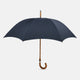 The Turnbull & Asser Navy Umbrella with Maple Crook Handle is open against a white background—an elegant men's accessory inspired by classic style.