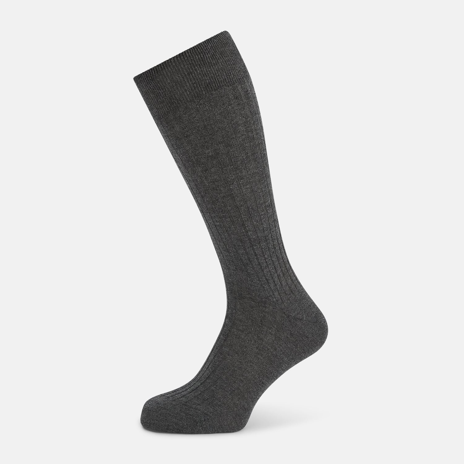 Image 1 of product A single Grey Organic Cotton Mid-Length Sock by Turnbull & Asser is shown upright on a white background, featuring a ribbed texture and reinforced cuff.