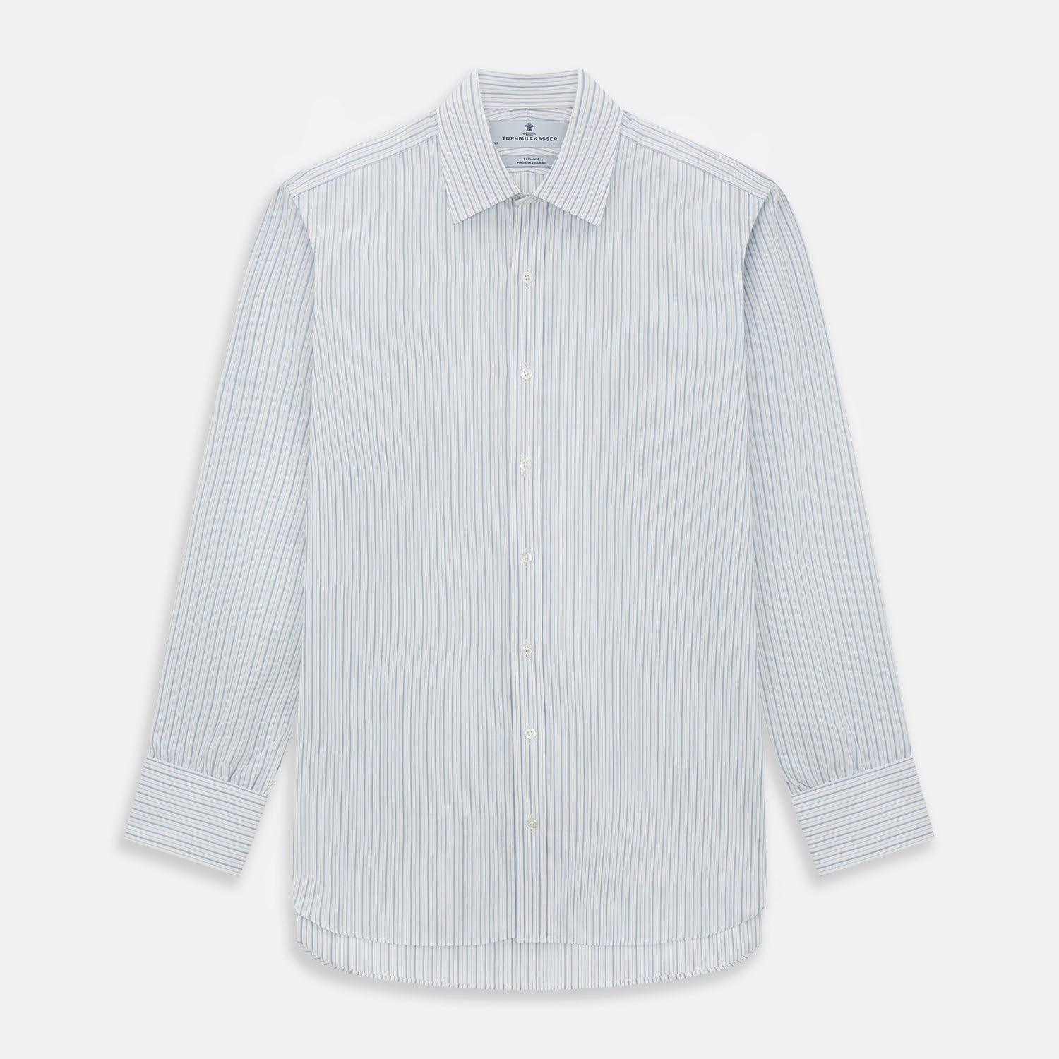 Image 1 of product The Turnbull & Asser Sky Blue Combination Stripe Mayfair Shirt features long sleeves, a T&A collar, buttoned cuffs, and thin vertical stripes in blue, shown on a plain white background.
