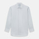 The Turnbull & Asser Sky Blue Combination Stripe Mayfair Shirt features long sleeves, a T&A collar, buttoned cuffs, and thin vertical stripes in blue, shown on a plain white background.