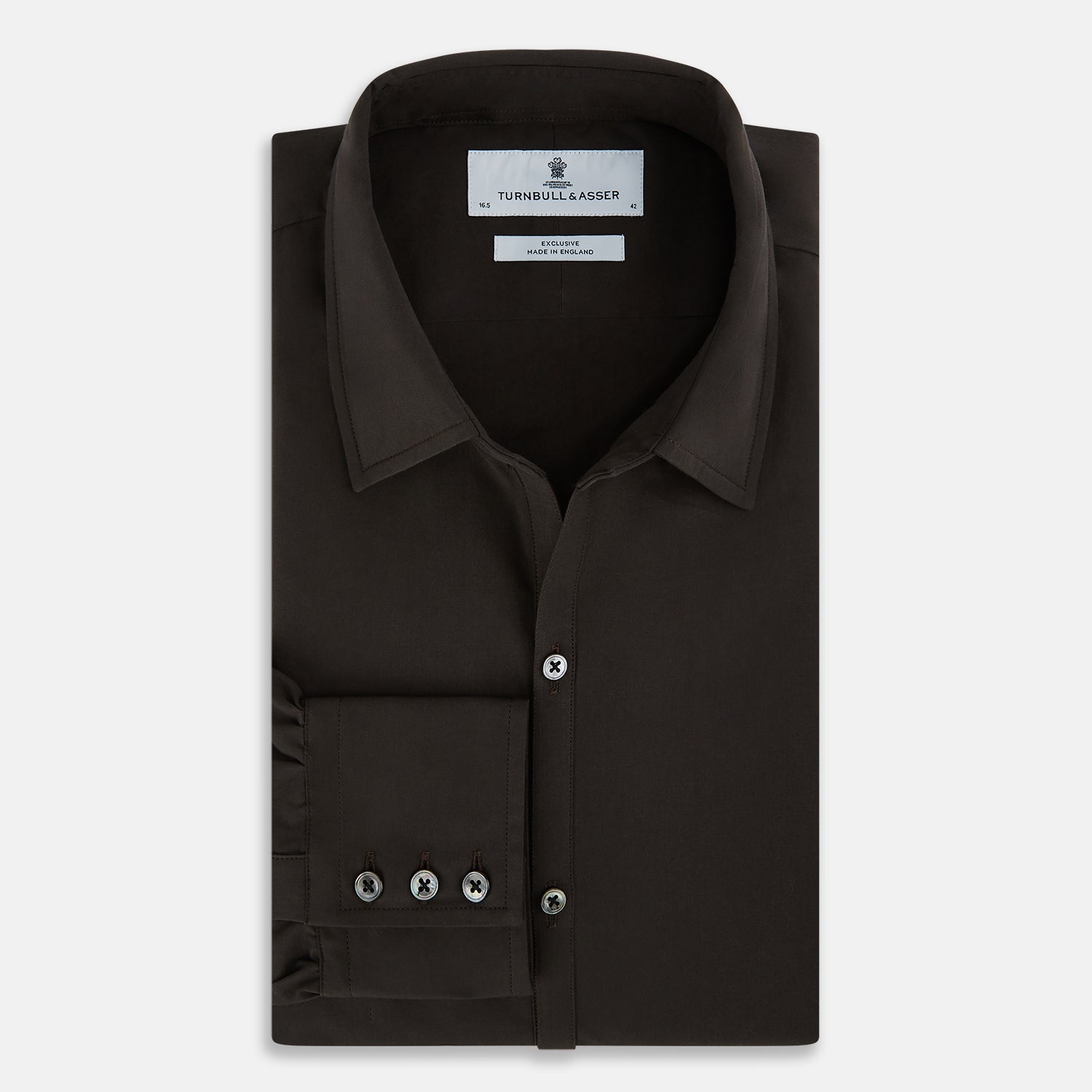 Image 5 of product A brown Windsor long-sleeve button-up shirt by Turnbull & Asser with a classic collar, buttoned cuffs, and a straight hem, laid flat on a white background—showcasing refined British craftsmanship.