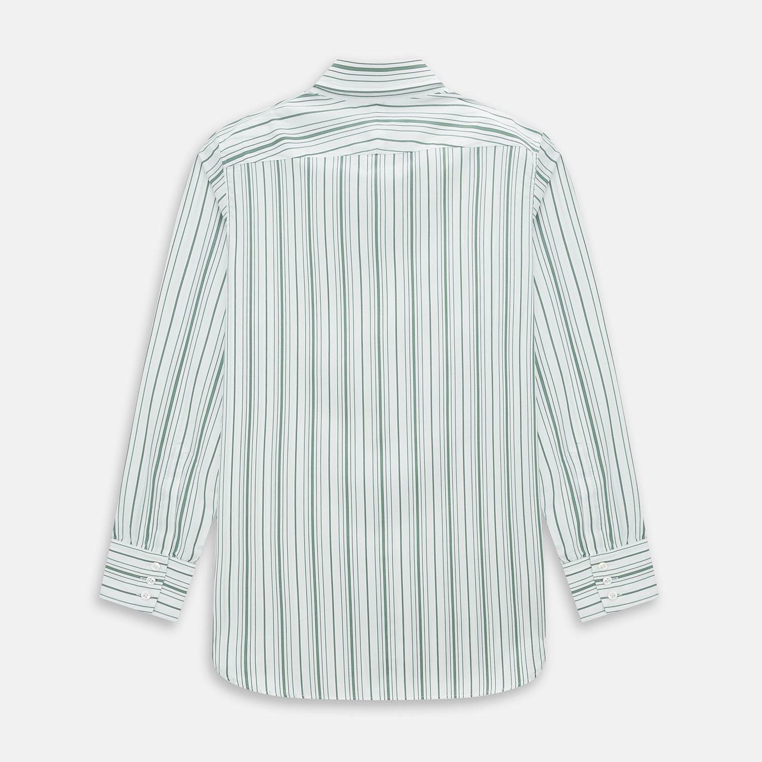 Image 3 of product The SAGE GREEN MULTI STRIPE WESTMINSTER SHIRT by Turnbull & Asser features a classic collar, long sleeves, buttoned cuffs, relaxed fit, and vertical green and white stripes—embodying timeless British craftsmanship.
