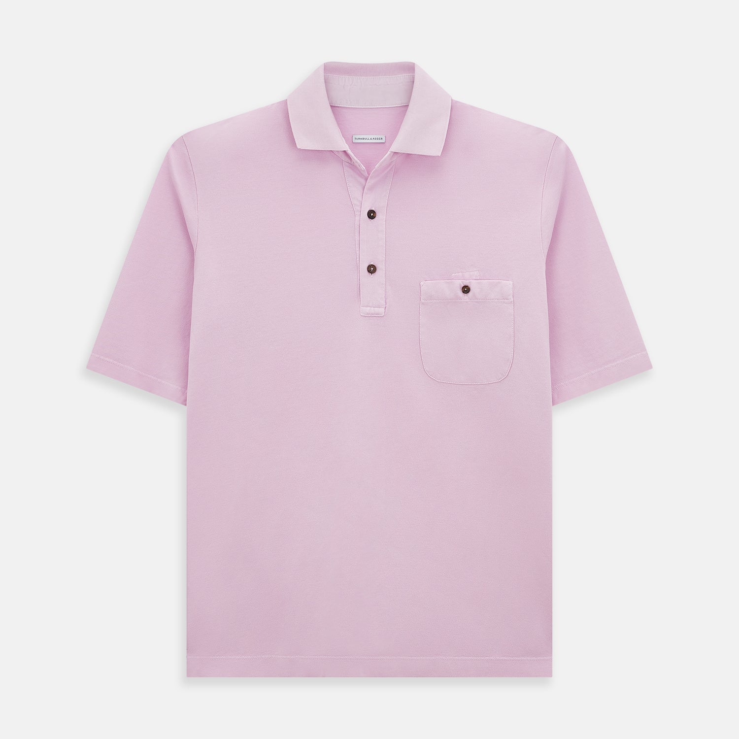Image 1 of product The Turnbull & Asser Pink Polo Shirt is a men's cotton polo with short sleeves, a collar, three dark buttons, and a chest pocket with a button, shown laid flat on a white background.