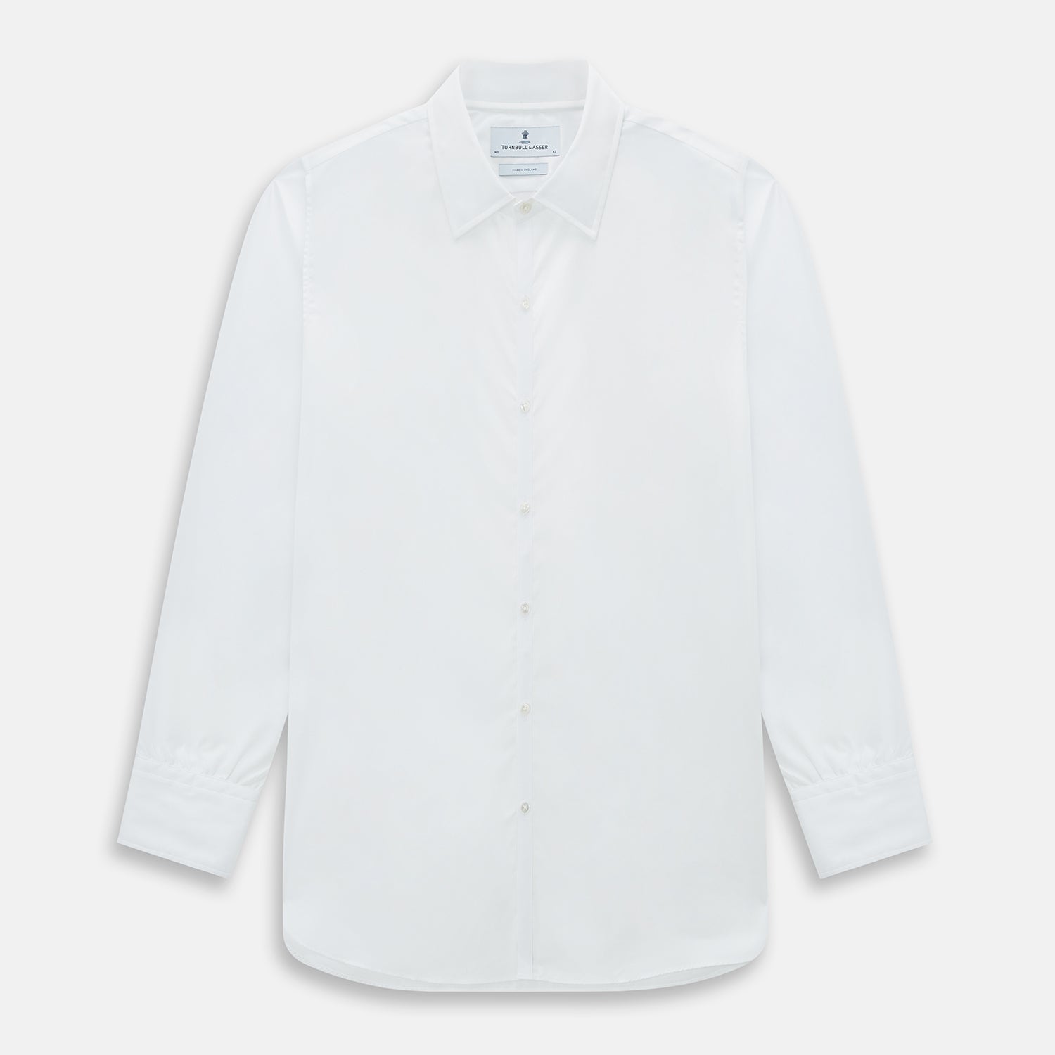 Image 1 of product The PLAIN WHITE WESTMINSTER SHIRT WITH TURNBULL COLLAR AND 3-BUTTON CUFFS by Turnbull & Asser features refined British craftsmanship, long sleeves, a straight hem, and a crisp white design displayed on a plain background.