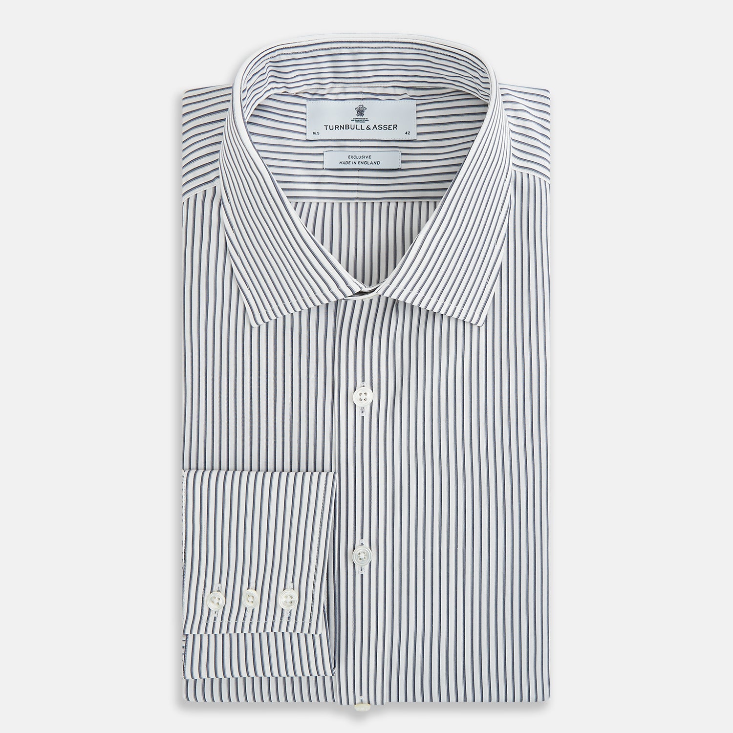 Image 5 of product The Turnbull & Asser Grey Multi Stripe Mayfair Shirt features long sleeves, a classic collar, and thin vertical stripes in black and white, shown laid flat on a white background.