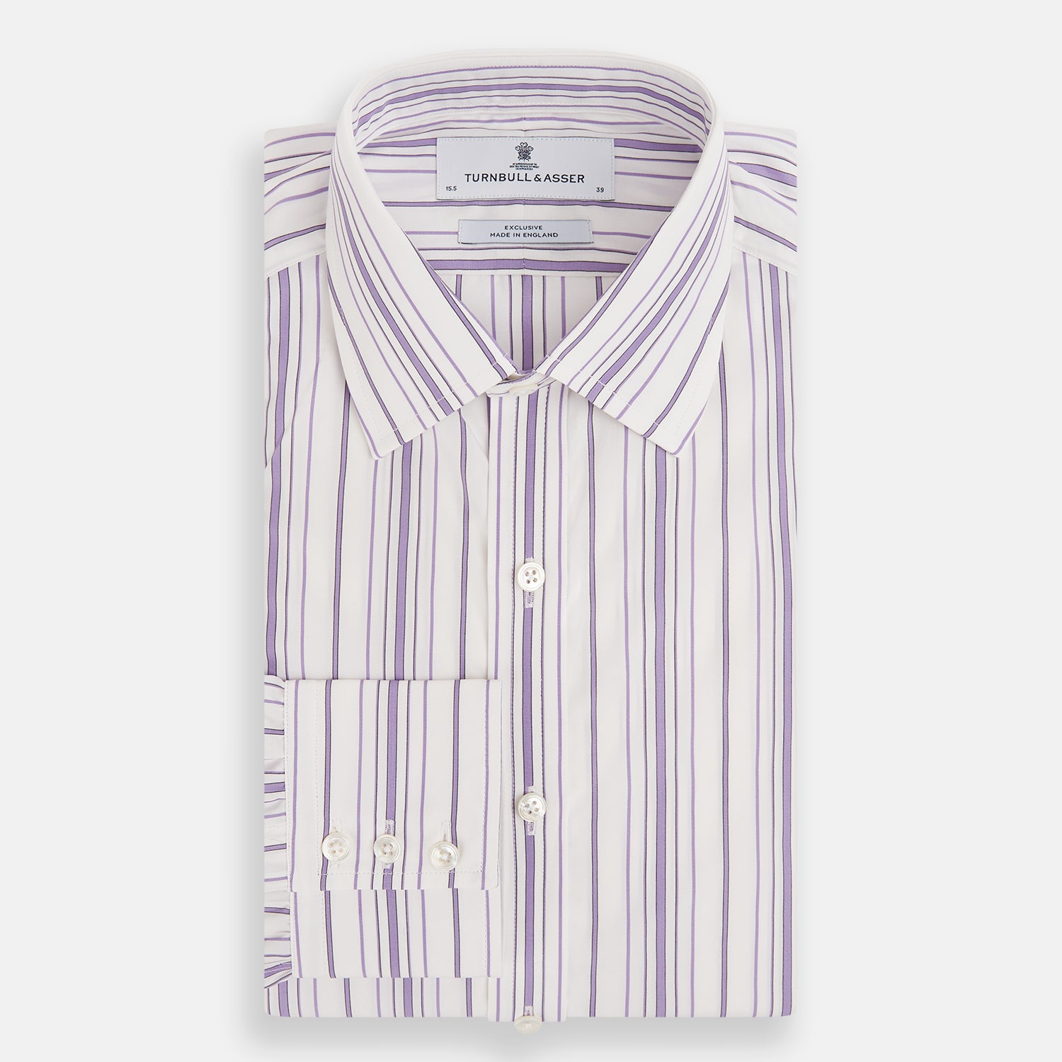 Image 5 of product The Purple Multi Stripe Mayfair Shirt by Turnbull & Asser is a long-sleeve, collared button-up featuring vertical blue and purple stripes on white, ideal for formal occasions. The shirt is neatly displayed flat against a white background.