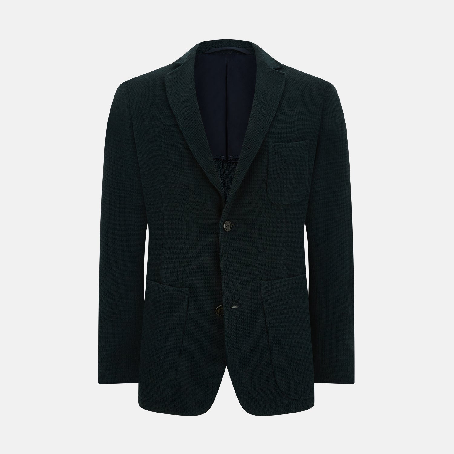 Image 1 of product The Forest Green KNITTED CAMBRIDGE BLAZER by Turnbull & Asser, crafted from textured Italian wool with notch lapels, patch and chest pockets, and two buttons, is shown against a plain white background.