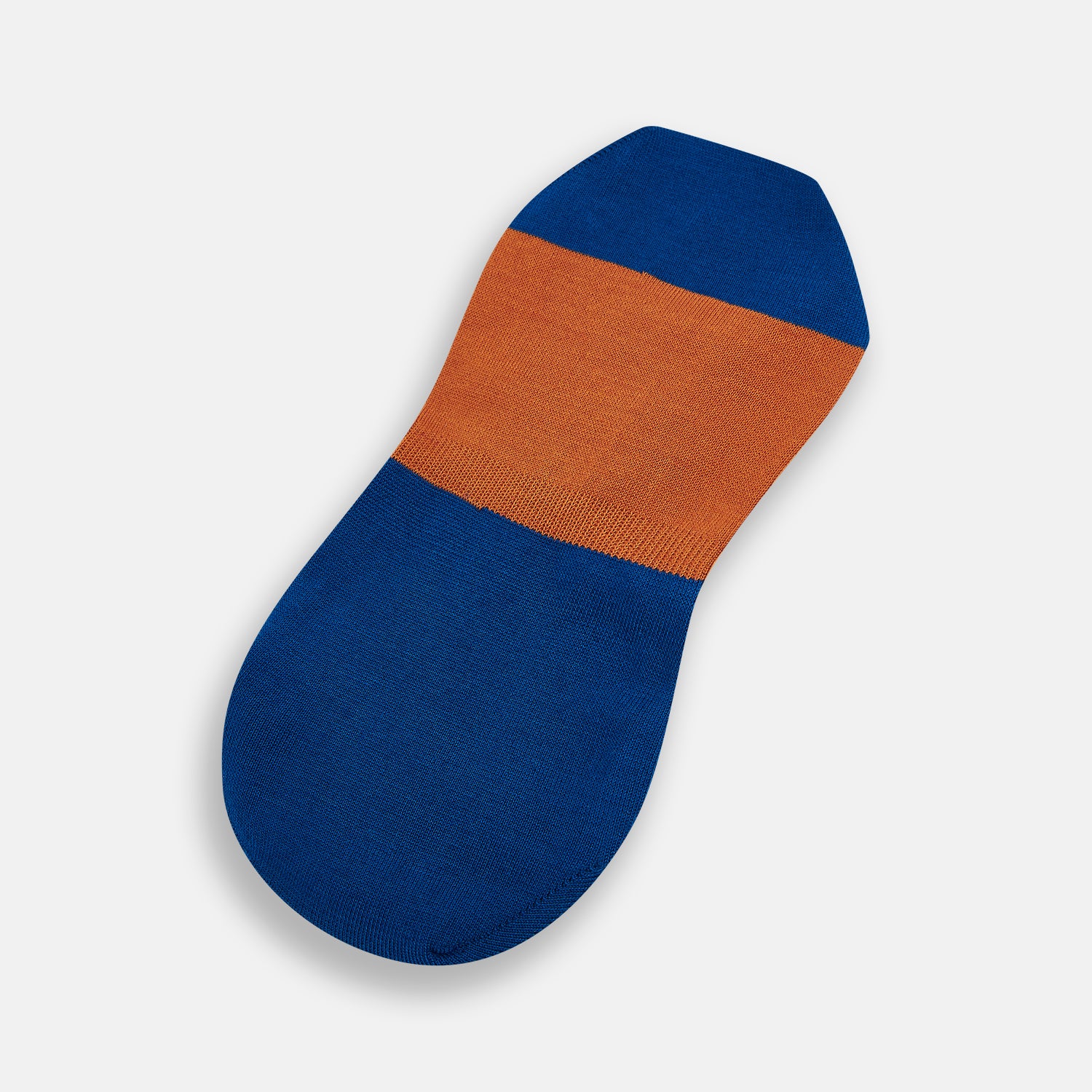 Image 3 of product The Turnbull & Asser Royal Blue & Orange No-Show Socks are soft cotton, low-cut socks with a royal blue heel and toe, orange midsection, and blue lining, shown on a plain white background.