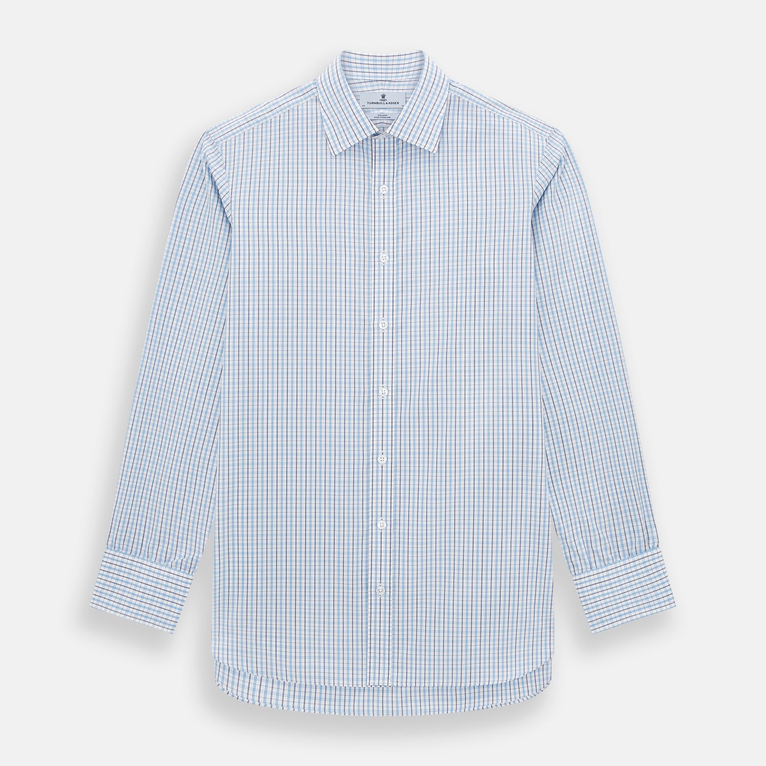 Image 1 of product The Turnbull & Asser Navy and Blue Multi Check Mayfair Shirt features a crisp blue and navy check pattern, T&A collar, long sleeves, and a tailored Mayfair fit.