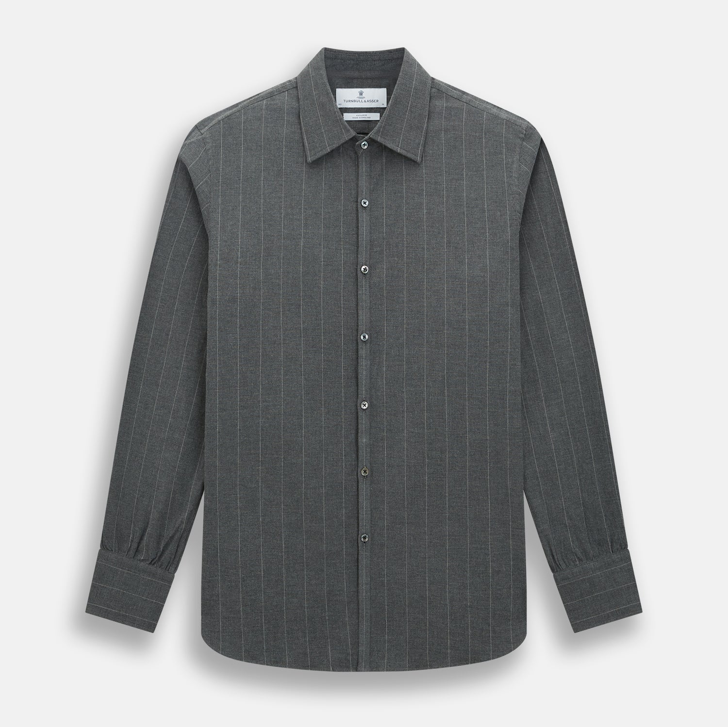 Image 1 of product The Charcoal Melange Wide Stripe Westminster Shirt from Turnbull & Asser features long sleeves, a tailored fit, pointed collar, buttoned cuffs, and subtle wide stripes, shown laid flat on a white background.