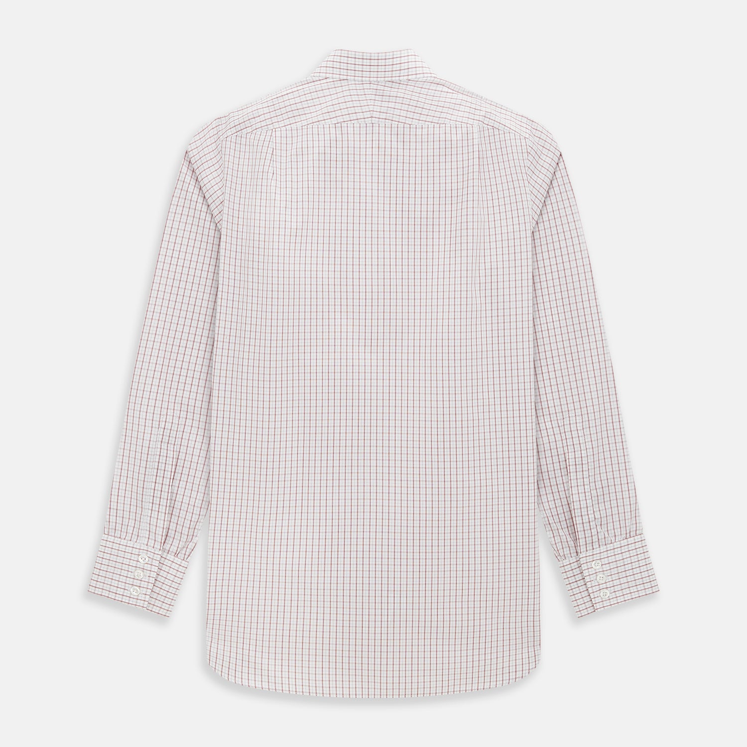 Image 3 of product The Turnbull & Asser Red Tattersall Check Mayfair Shirt features long sleeves, a collar, and Italian cotton with a red tattersall check on white, shown flat against a white background.