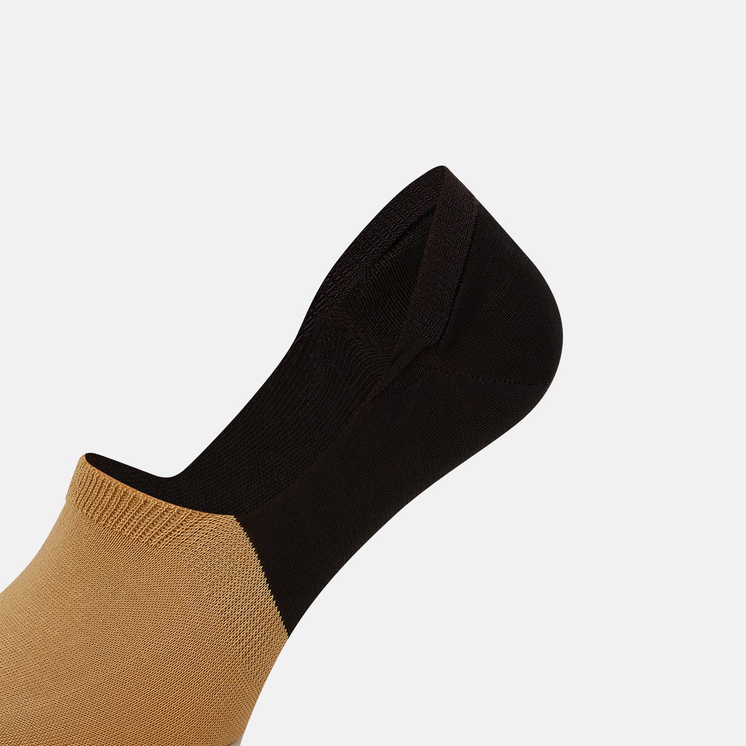 Image 4 of product Turnbull & Asser's Dark Chocolate No-Show Socks are low-cut, crafted from soft cotton with a tan front and toe, and a dark chocolate heel, sole, and back—an elevated twist on classic no-show socks, shown against a plain white background.