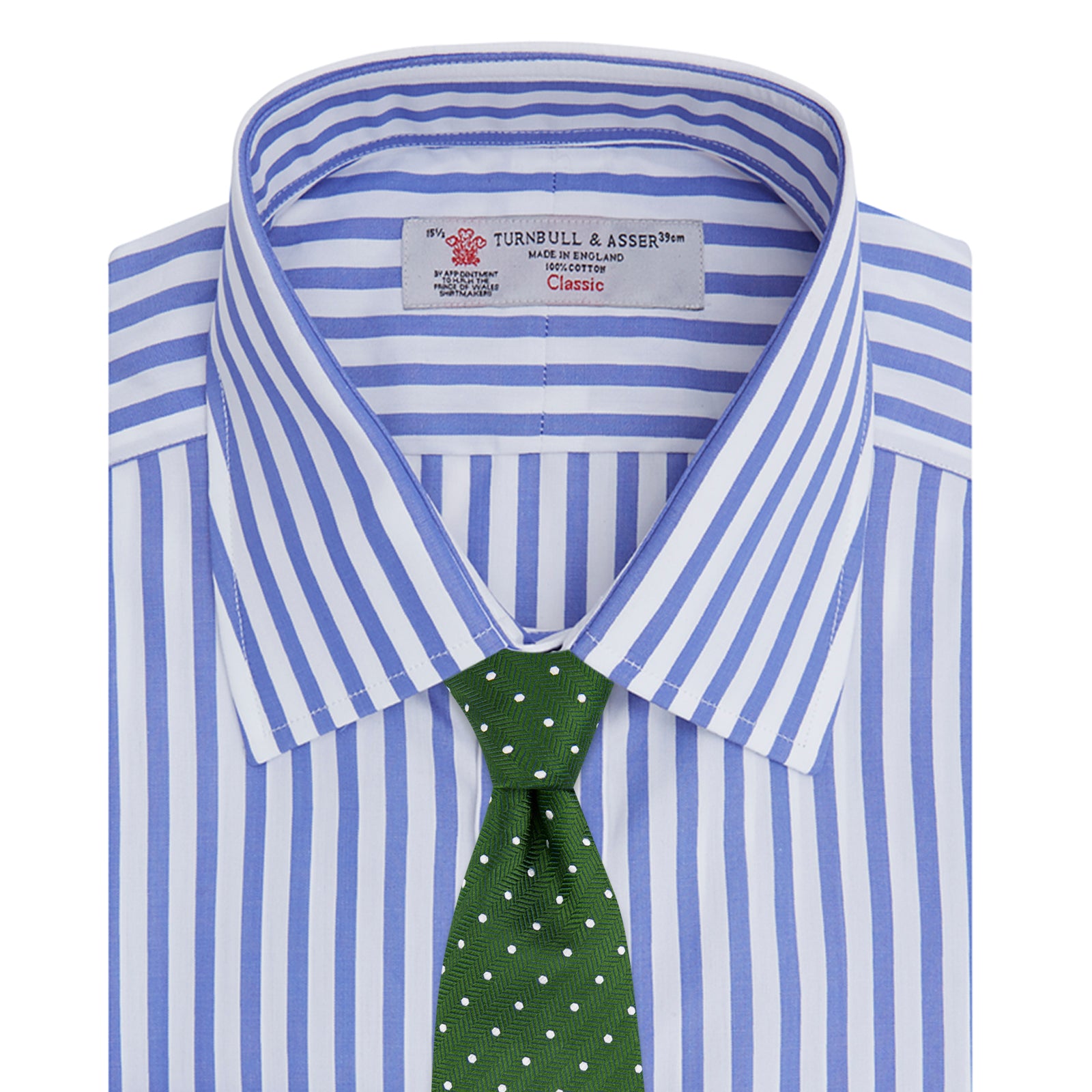 Image 2 of product The Turnbull & Asser Blue and White Candy Stripe Shirt features a T&A collar and 3-button cuffs, shown neatly folded on a plain white background.