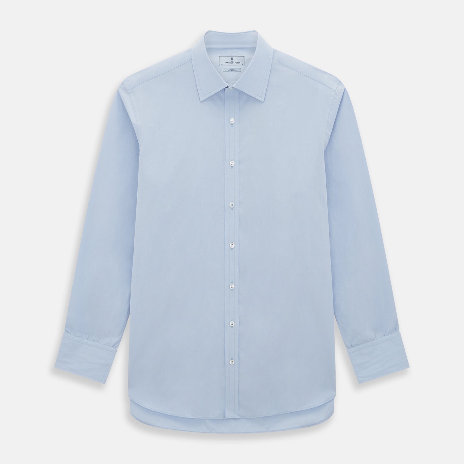 Image 1 of product The Pale Blue Mayfair Shirt by Turnbull & Asser is a long-sleeve, button-up dress shirt with a pointed collar and buttoned cuffs, crafted from sanforised cotton and shown laid flat on a white background.