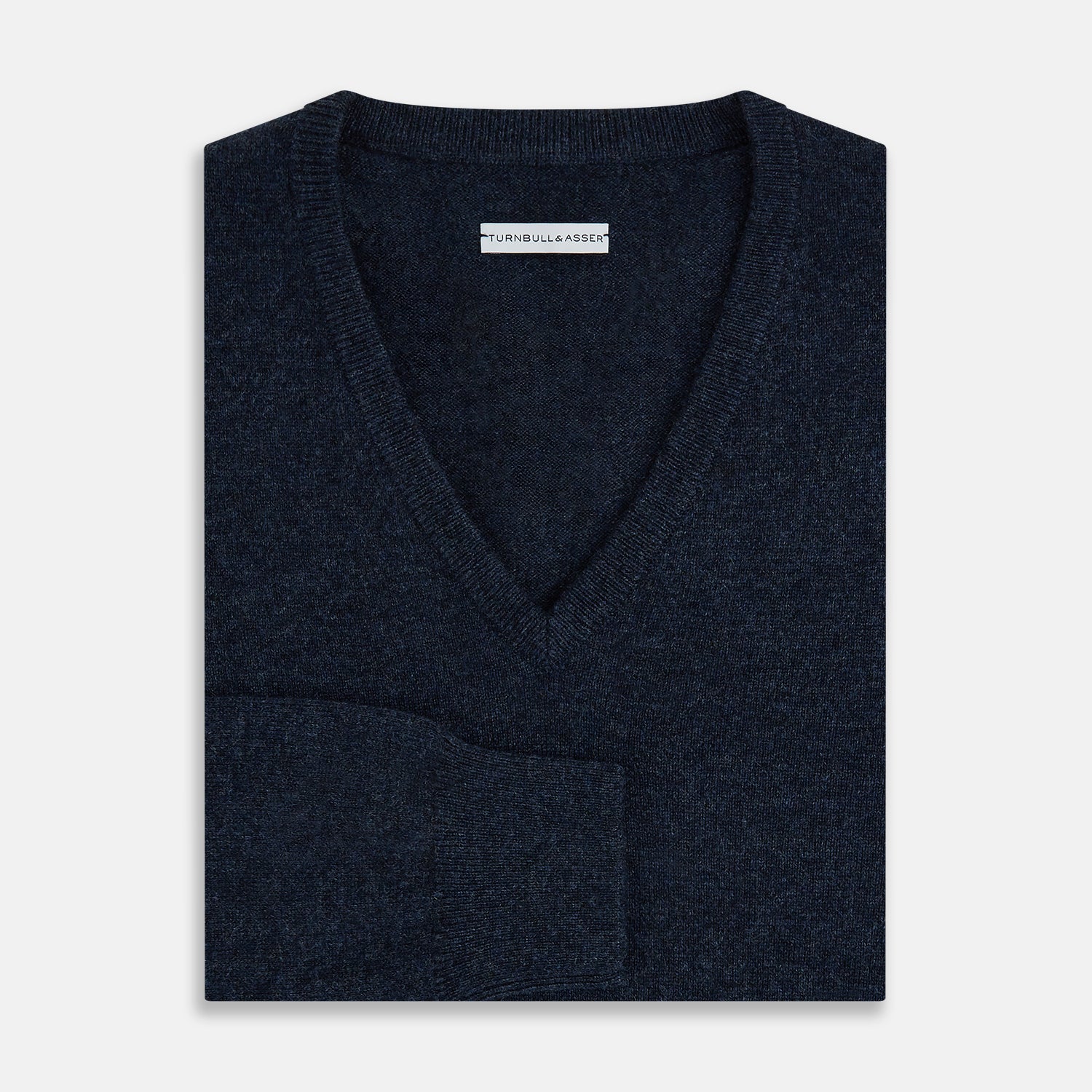 Image 4 of product The Turnbull & Asser Navy Melange Cashmere V-Neck Jumper from our knitwear collection is shown against a white background.