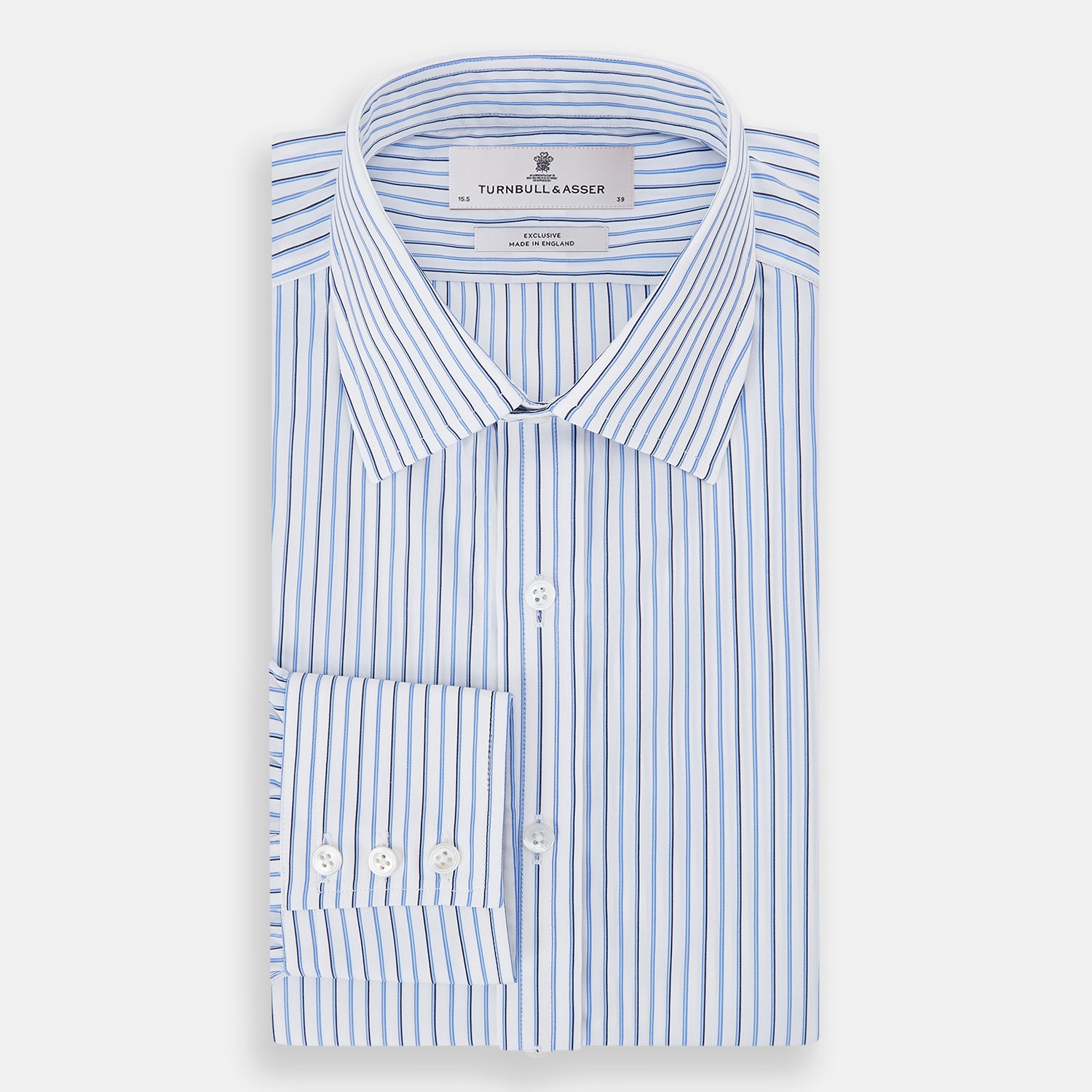 Image 5 of product The Blue and Navy Double Stripe Mayfair Shirt by Turnbull & Asser features a classic T&A collar and thin blue stripes on a white background, displayed against a plain white surface.