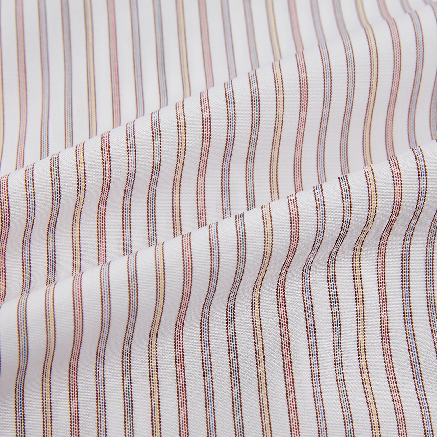 Image 6 of product The Red with Multicoloured Music Stripe Mayfair Shirt by Turnbull & Asser is a long-sleeve, button-up shirt with a collar, featuring vibrant multicoloured stripes, inspired by classic British design, neatly laid flat on a plain background.