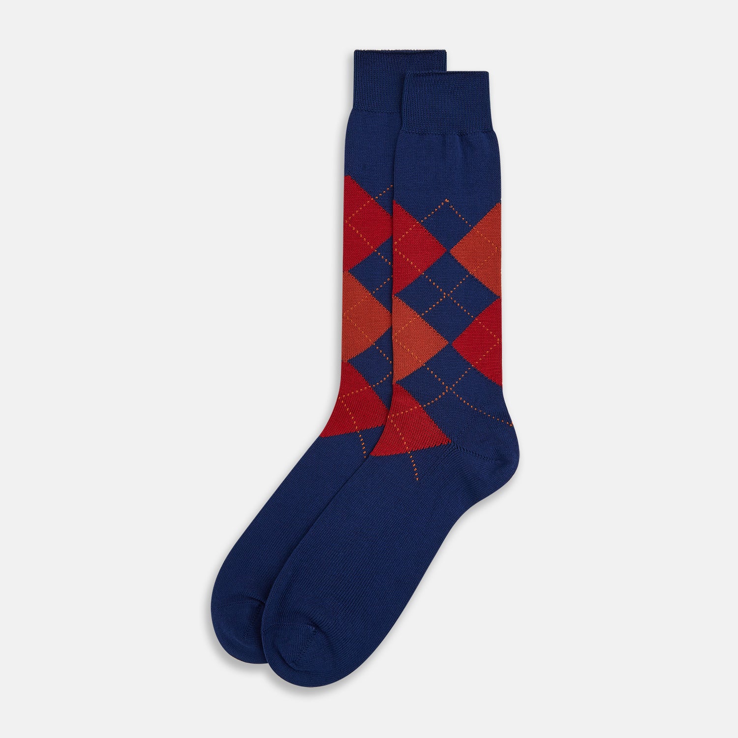 Image 2 of product Turnbull & Asser’s Royal Blue Check Mid-Length Sock features a blue base with red, orange, and blue checks on the calf, shown against a plain white background.