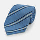The Blue Multi Stripe Silk Blend Tie by Turnbull & Asser features diagonal navy and light beige stripes, shown rolled up on a white background—a timeless formal accessory.