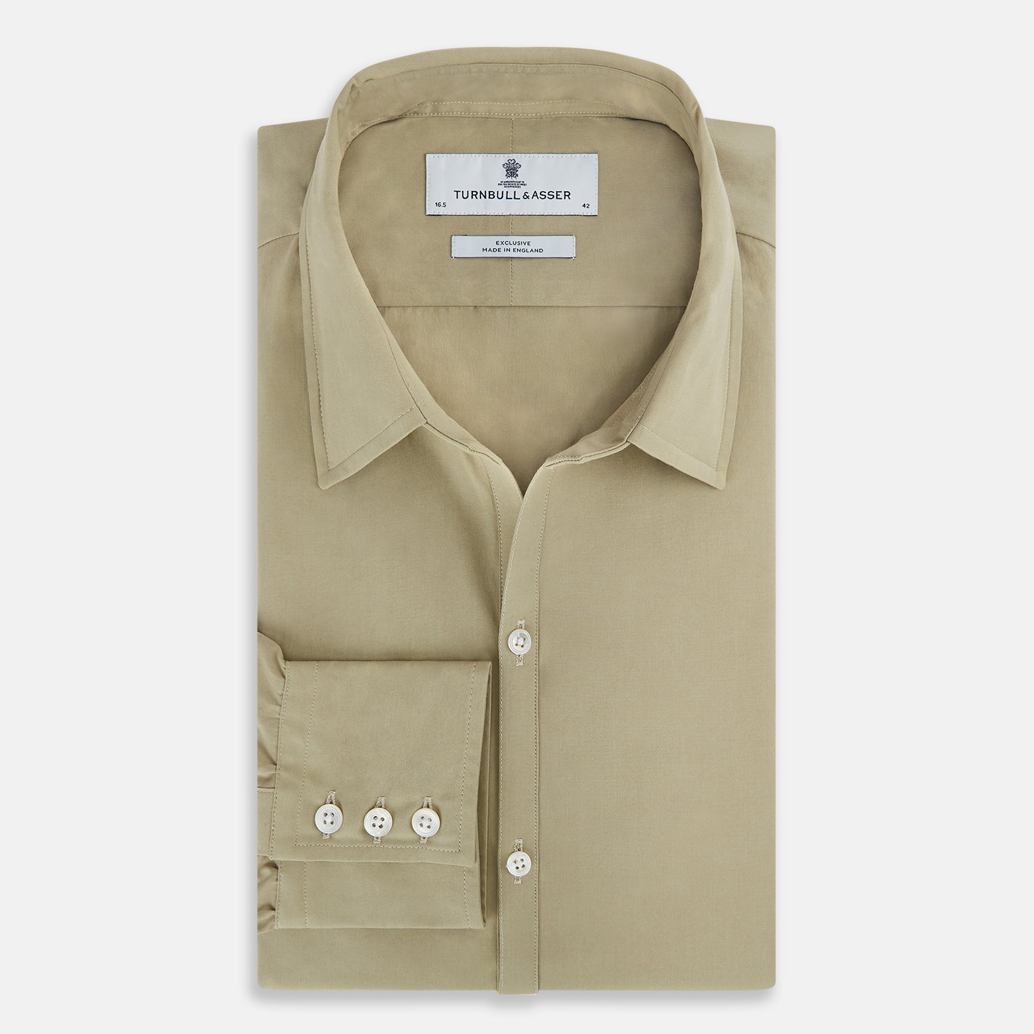 Image 5 of product The TAUPE WINDSOR SHIRT by Turnbull & Asser features a Windsor collar and buttoned cuffs. This long-sleeve shirt showcases refined British design and is displayed flat on a white background.