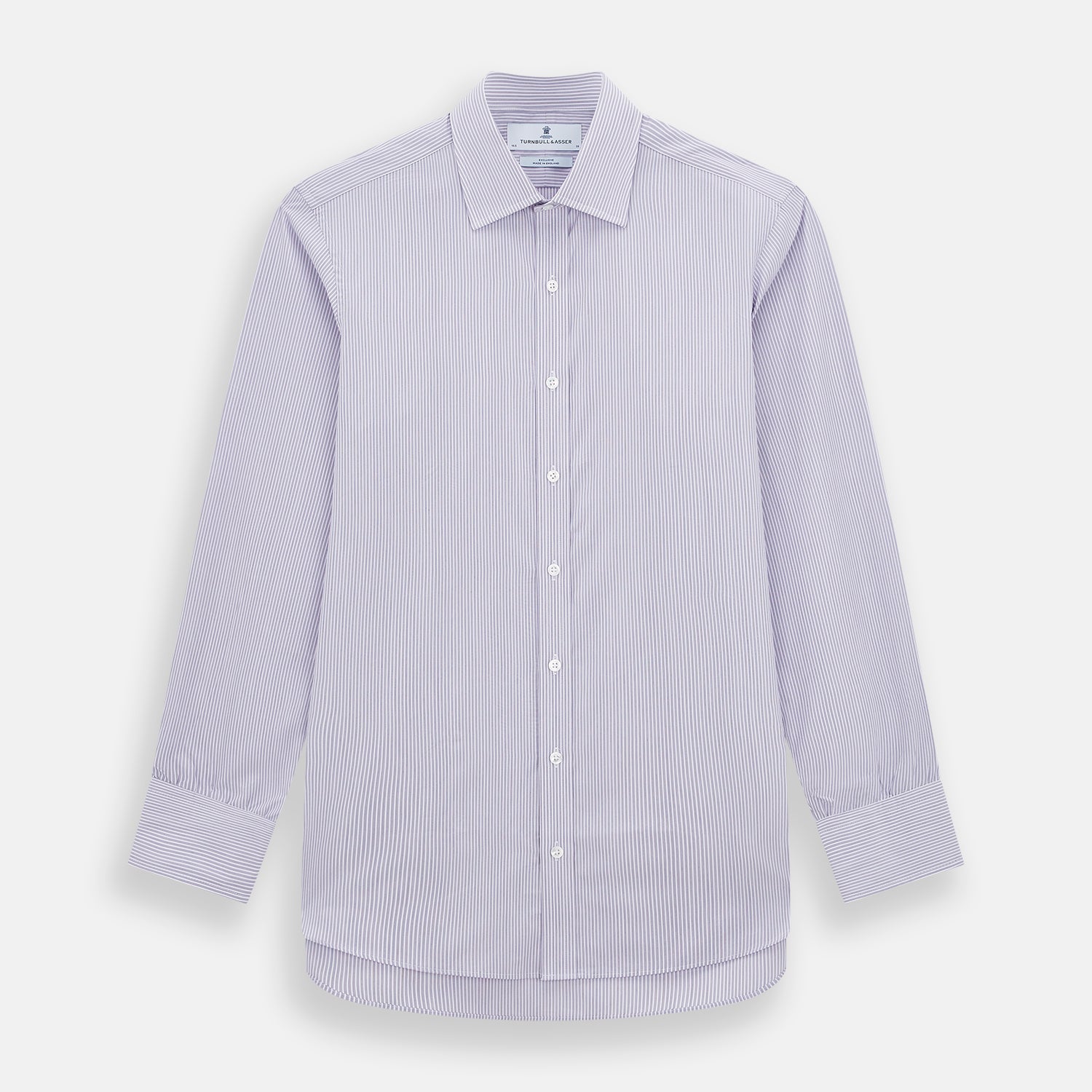 Image 1 of product The Lilac Halo Stripe Mayfair Shirt by Turnbull & Asser features a relaxed Mayfair fit, white buttons, a pointed collar, and a subtle lilac stripe pattern for timeless sophistication.