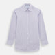 The Lilac Halo Stripe Mayfair Shirt by Turnbull & Asser features a relaxed Mayfair fit, white buttons, a pointed collar, and a subtle lilac stripe pattern for timeless sophistication.
