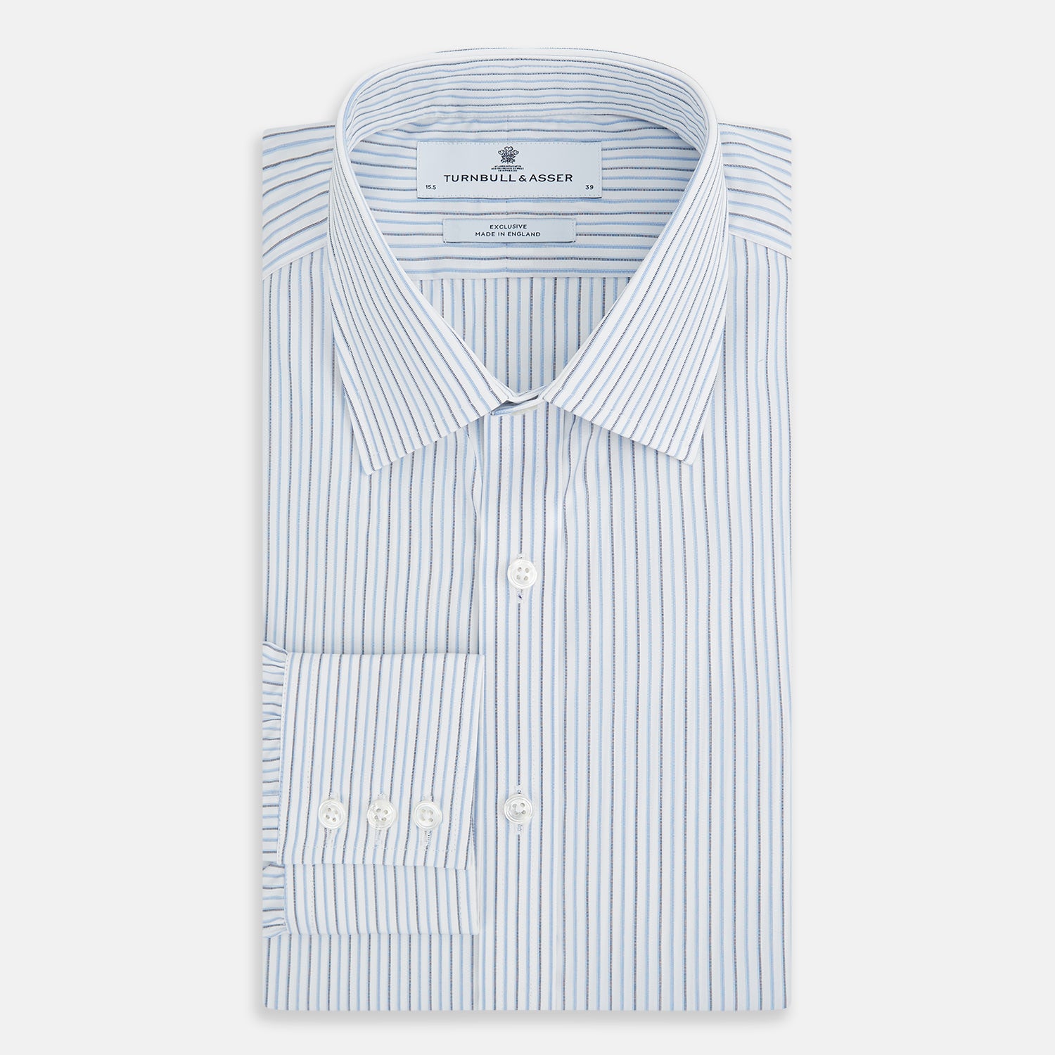 Image 5 of product The Turnbull & Asser Navy and Blue Shadow Stripe Mayfair Shirt, featuring a classic T&A collar and buttoned cuffs, is laid flat on a white background.