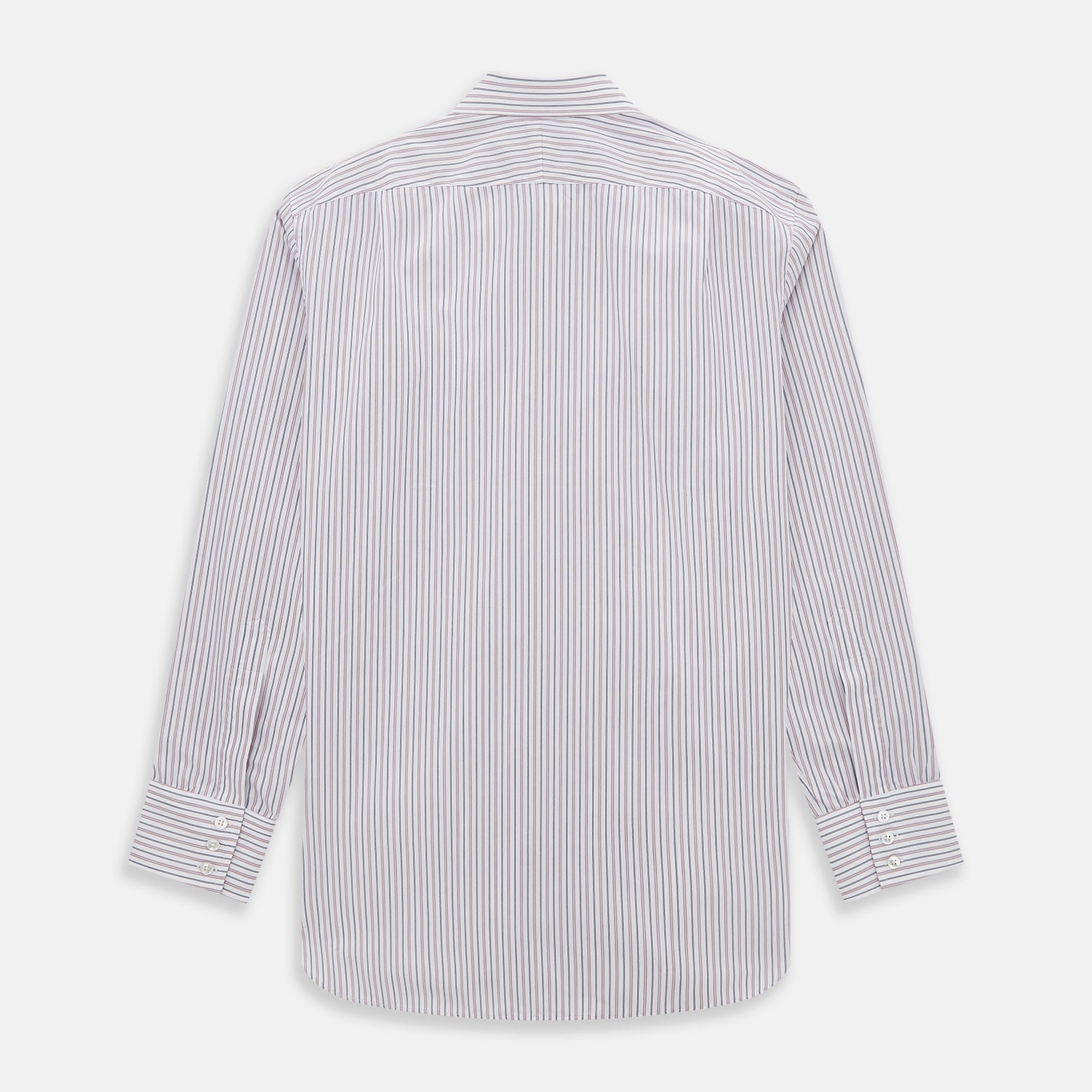 Image 3 of product The Turnbull & Asser Red Multi Stripe Mayfair Shirt is a long-sleeve, button-up classic with a sharp collar and vibrant red multi stripes—an essential men's piece shown against a white background.