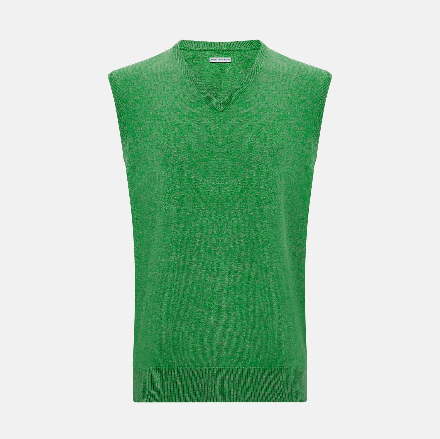 Image 5 of product The Turnbull & Asser Fern Green V-neck Sleeveless Vest features a ribbed hem and is perfect for elegant ensembles, presented against a plain white background.
