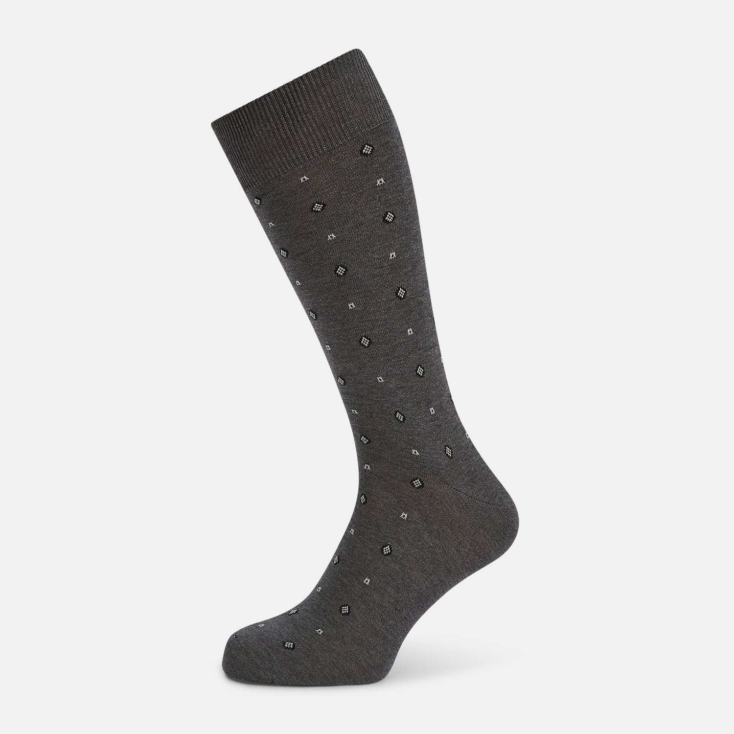 Image 1 of product The Grey Patterned Mid-Length Socks by Turnbull & Asser are crafted from soft Egyptian cotton, with a ribbed cuff and small white diamond shapes on a grey background.