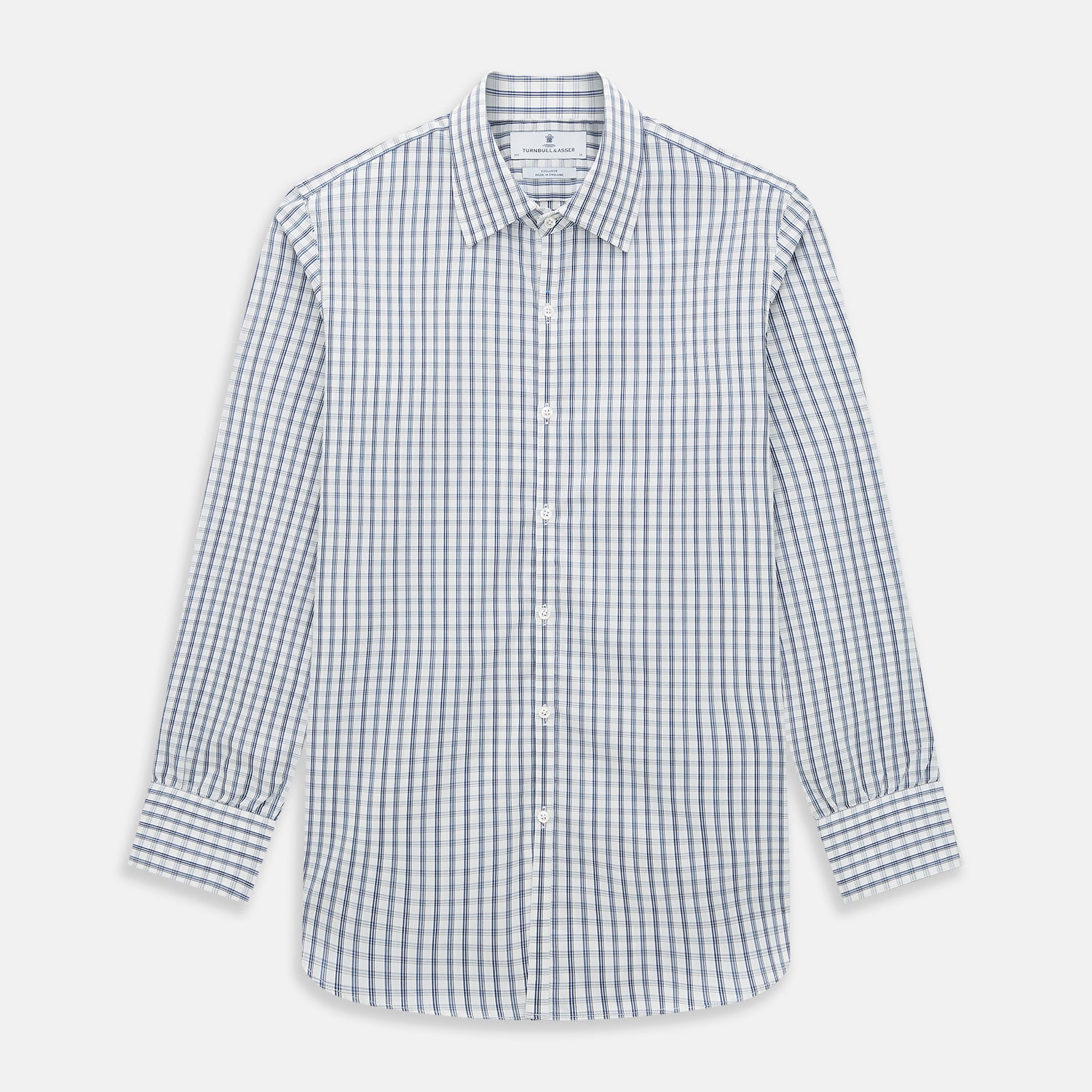 Image 1 of product The Azzurro Multi Check Westminster Shirt by Turnbull & Asser is a long-sleeve, button-up with a white base and blue and gray checks, displayed flat against a white background.