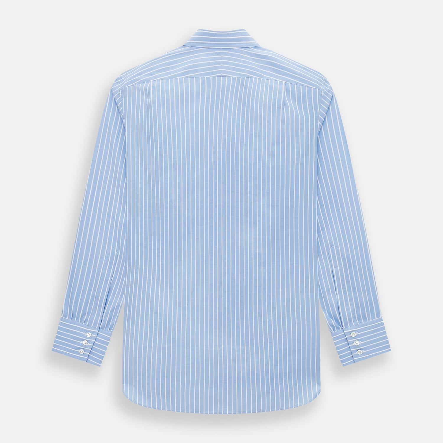 Image 3 of product The Turnbull & Asser Sky Blue Wide Pinstripe Mayfair Shirt features long sleeves, a classic collar, and buttoned cuffs, laid flat against a white background for a refined formal look.