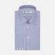 The Turnbull & Asser Blue Fine Bengal Stripe Shirt features a classic T&A collar, 3-button cuffs, and white buttons, crafted from fine cotton and displayed against a crisp white background.