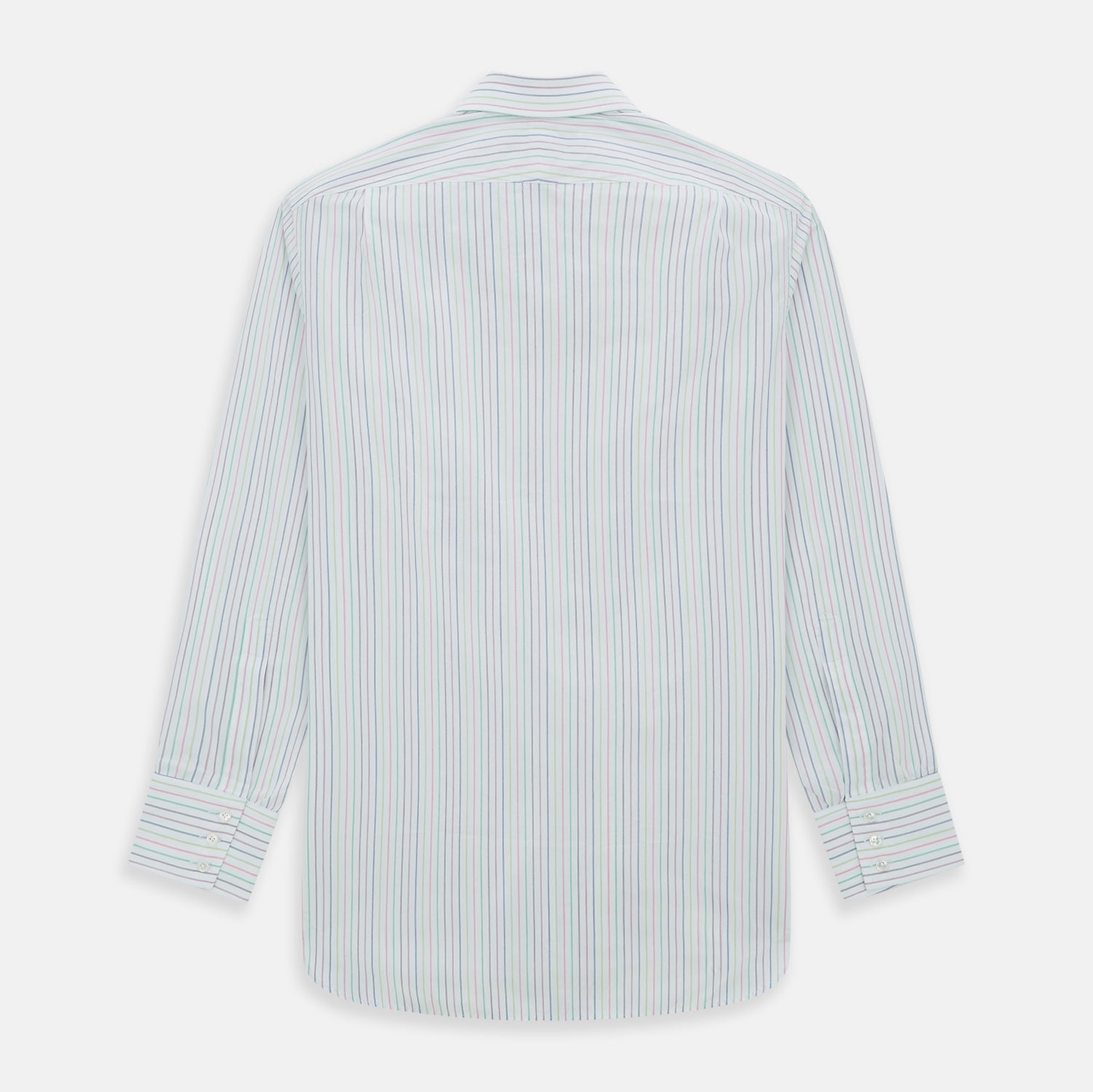 Image 10 of product The Turnbull & Asser Multicoloured Double Pinstripe Mayfair Shirt, made from organic cotton, features thin blue, green, and pink stripes on white and is displayed laid flat on a white surface.