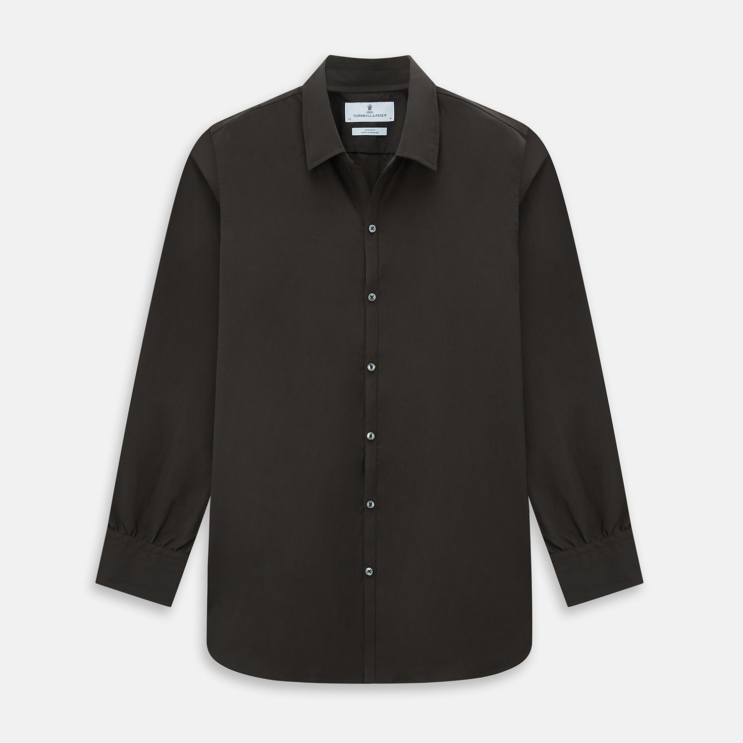 Image 1 of product A brown Windsor long-sleeve button-up shirt by Turnbull & Asser with a classic collar, buttoned cuffs, and a straight hem, laid flat on a white background—showcasing refined British craftsmanship.