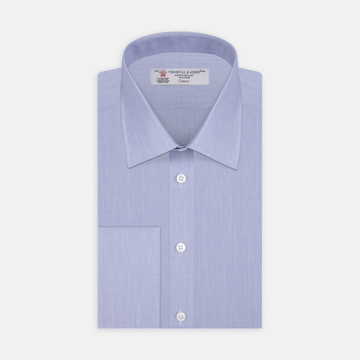 Image 1 of product The Turnbull & Asser Blue End-on-End Cotton Shirt features a T&A collar, double cuffs, and white buttons—ideal for smart looks or pairing with a navy suit. Displayed against a plain white background.