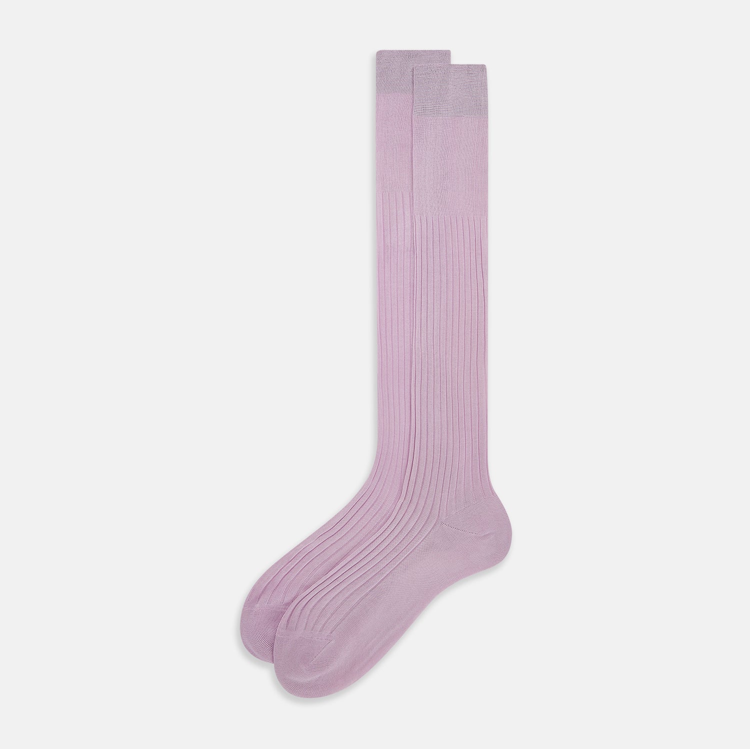 Image 2 of product A single, knee-high Rose Long Sock by Turnbull & Asser, in light purple ribbed mercerised cotton, is displayed upright on a plain white background.