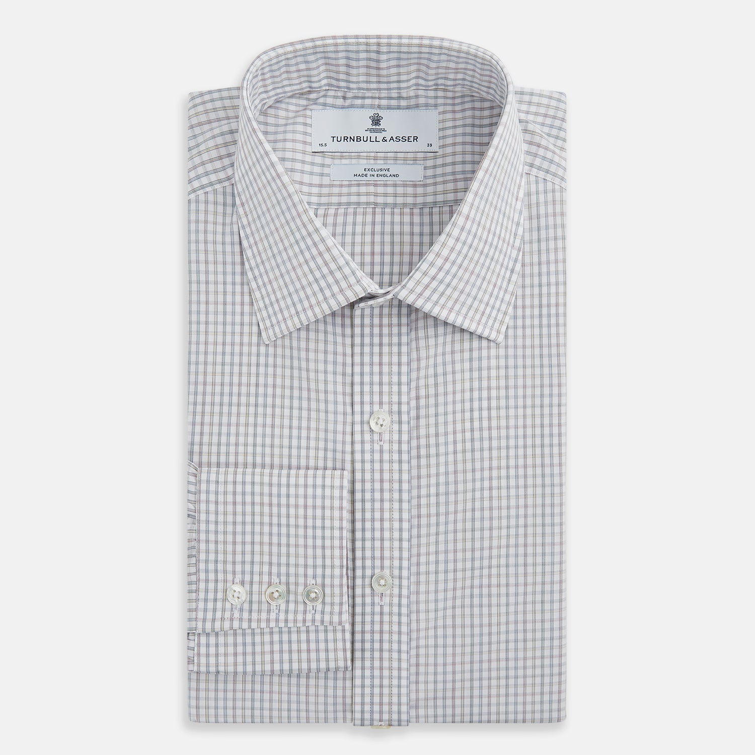 Image 5 of product The Turnbull & Asser Sky Blue Multi Graph Check Shirt features long sleeves, a button-up front, pointed T&A collar, buttoned cuffs, and a small blue-and-white check pattern, shown on a white background.