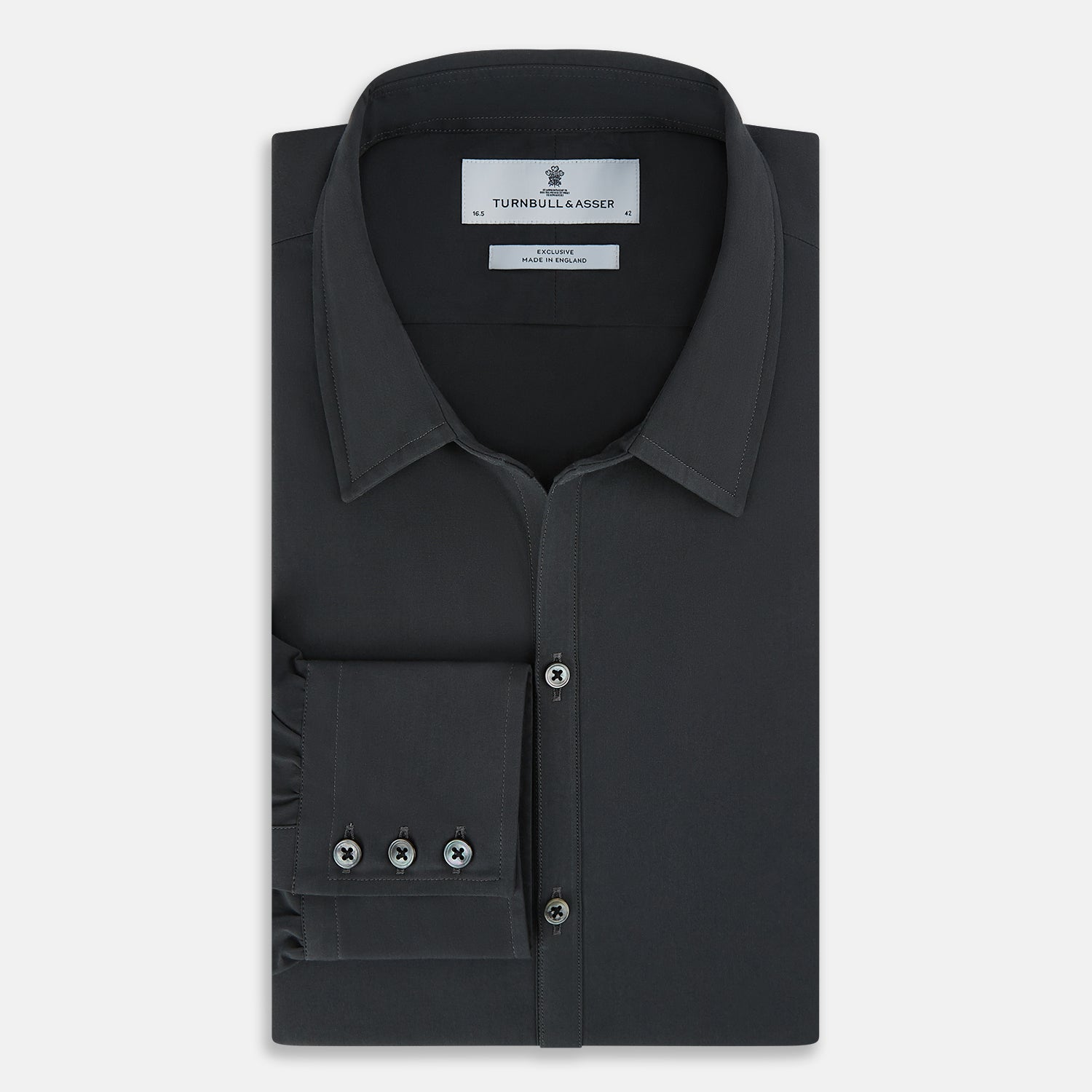 Image 5 of product The CHARCOAL WINDSOR SHIRT by Turnbull & Asser, featuring long sleeves, a button-up front, and a pointed collar, is displayed flat against a white background, reflecting classic British craftsmanship.