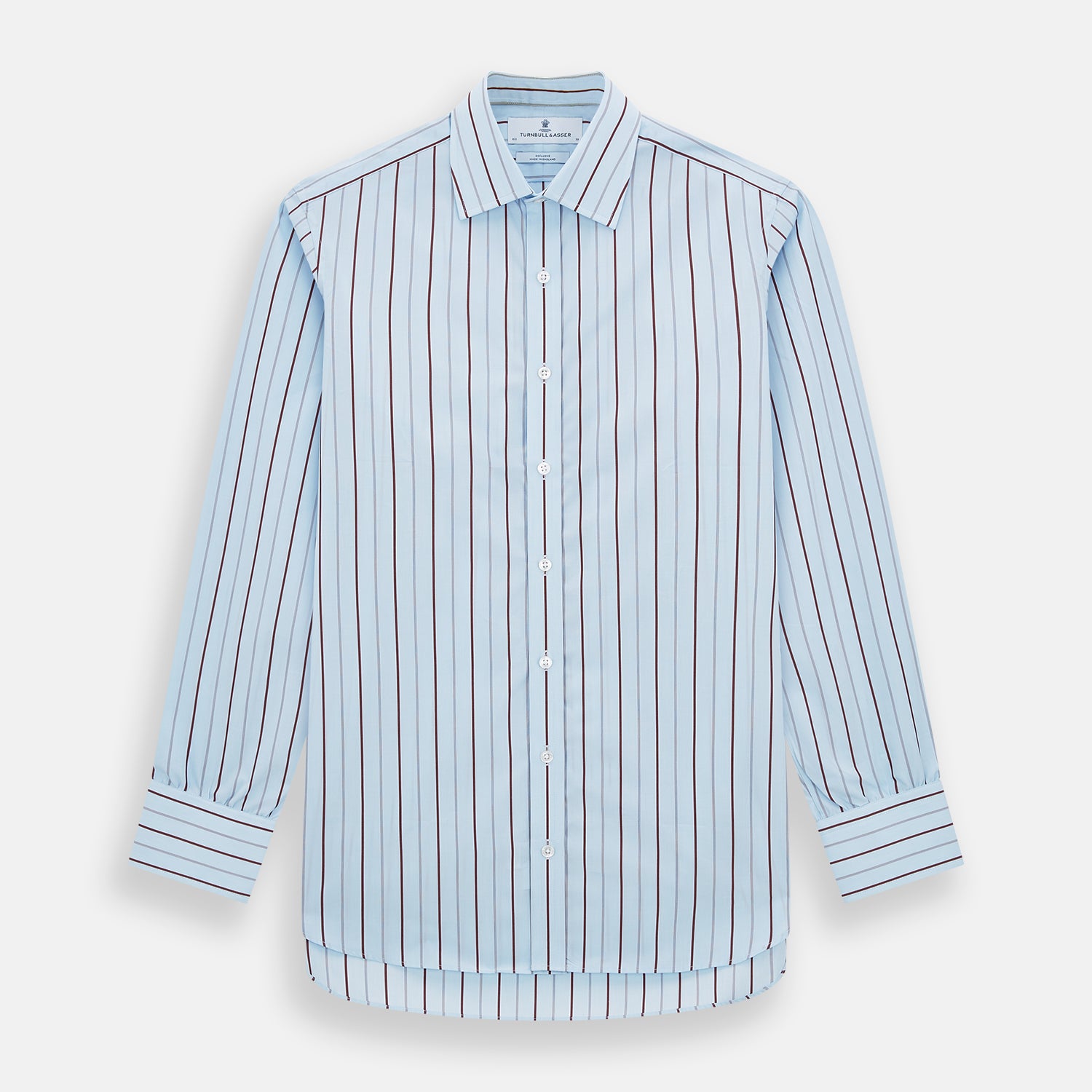 Image 1 of product The Turnbull & Asser Burgundy Wide Pinstripe Mayfair Shirt features a collared, long-sleeve design with bold vertical stripes, crafted in the refined Mayfair fit and displayed on a plain white background.