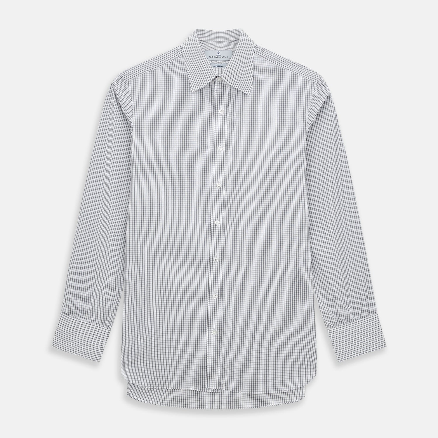 Image 1 of product The Midnight Blue Multi Check Mayfair Shirt by Turnbull & Asser is a pure cotton, long-sleeve button-down featuring a small blue multi-check pattern, pointed collar, and buttoned cuffs.