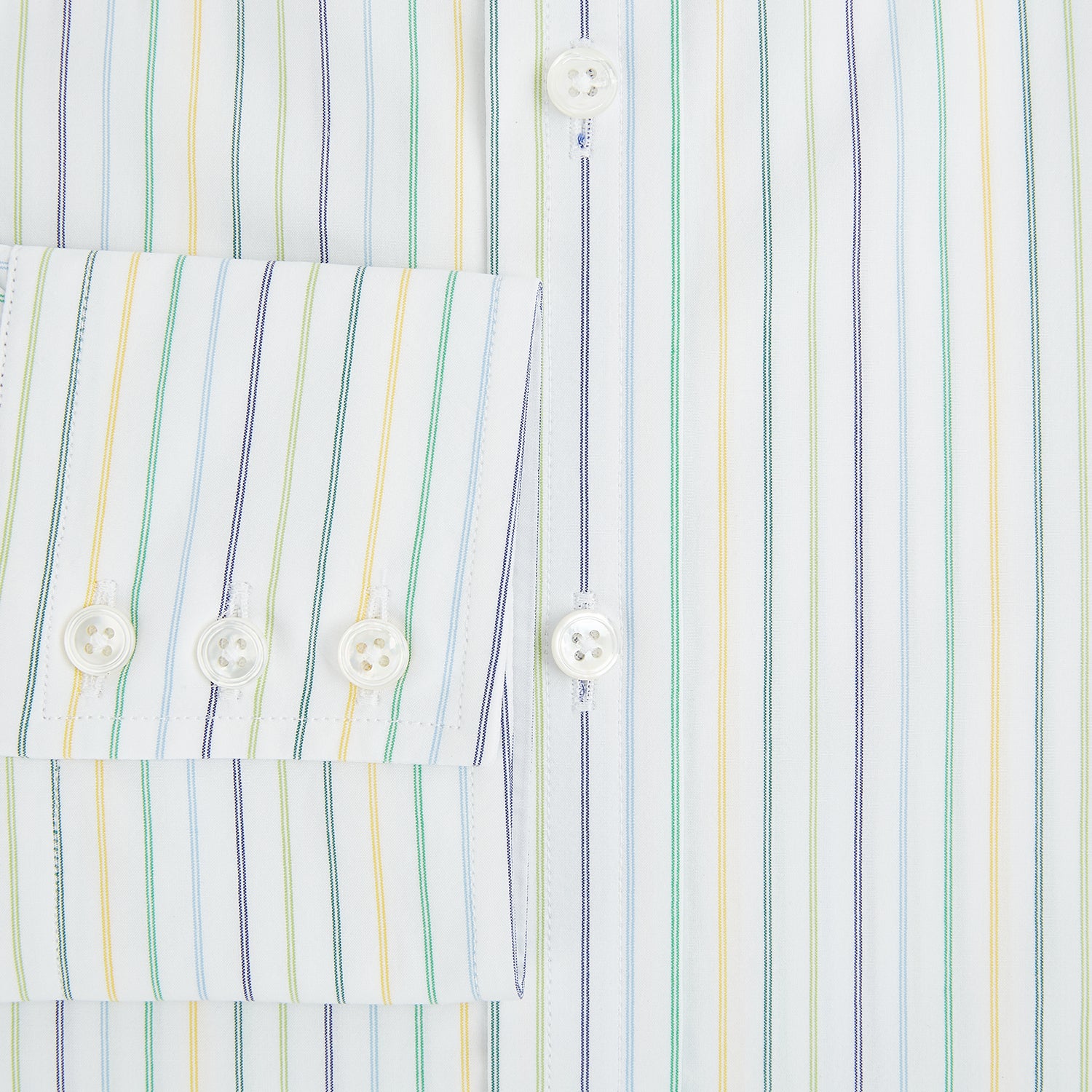 Image 4 of product The Turnbull & Asser Multi Tone Double Pinstripe Mayfair Shirt is a long-sleeve pure cotton shirt with a collar and thin blue, green, and yellow double pinstripes on a white background.