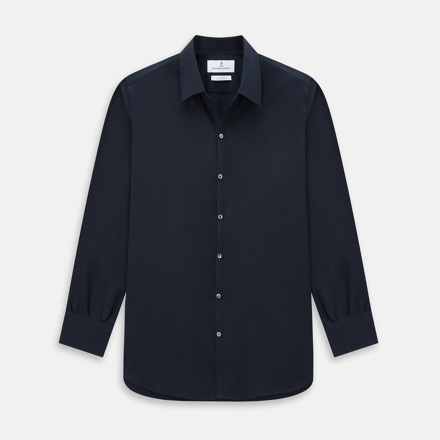 Image 1 of product The DARK NAVY WINDSOR SHIRT by Turnbull & Asser is a long-sleeve shirt with a refined Windsor collar, showcasing classic British craftsmanship.