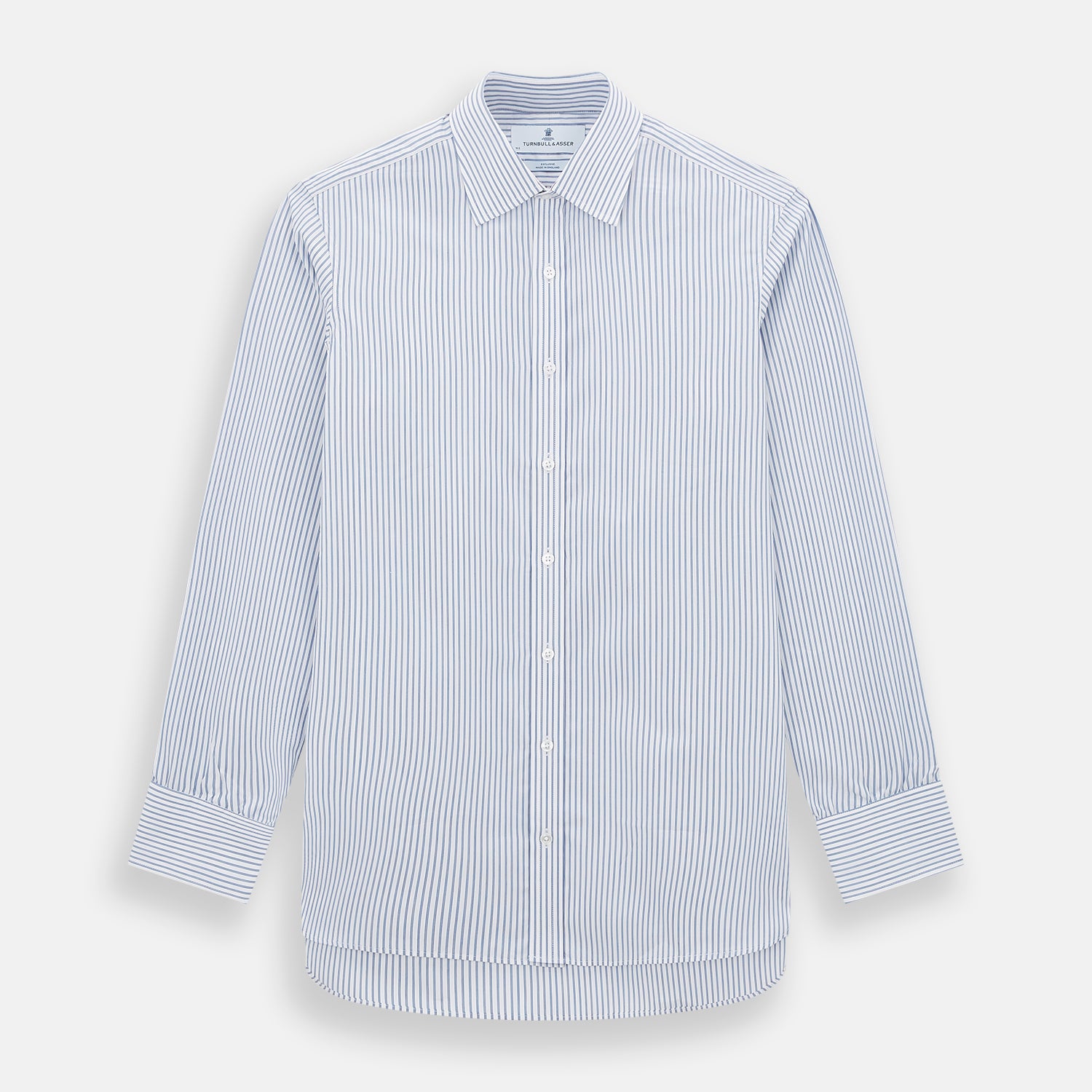 Image 1 of product The Turnbull & Asser Navy Double Pinstripe Mayfair Shirt is a long-sleeve, button-up collared shirt with thin vertical blue and white stripes, shown against a plain white background.