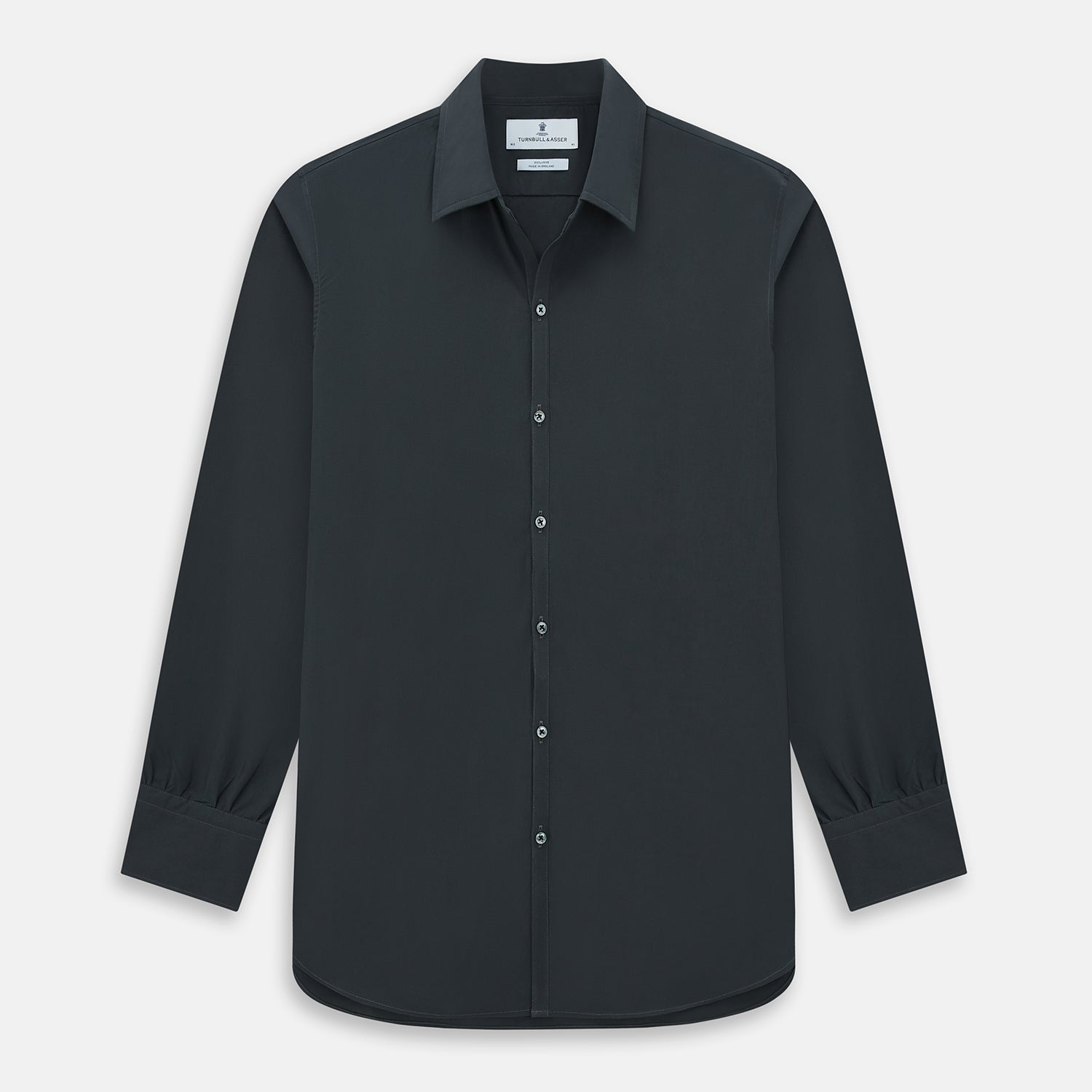 Image 1 of product The CHARCOAL WINDSOR SHIRT by Turnbull & Asser, featuring long sleeves, a button-up front, and a pointed collar, is displayed flat against a white background, reflecting classic British craftsmanship.