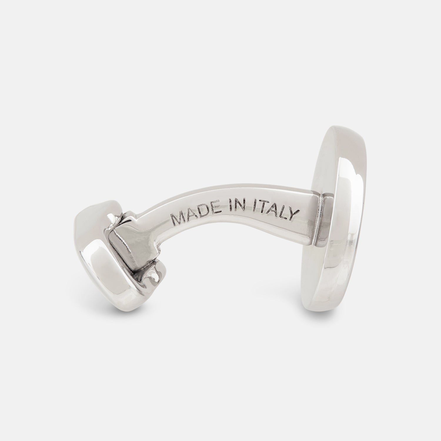 Image 2 of product Turnbull & Asser's Navy Gemstone Circle Cufflinks feature round sterling silver with black enamel centers and a clear gemstone, shown on a white background.