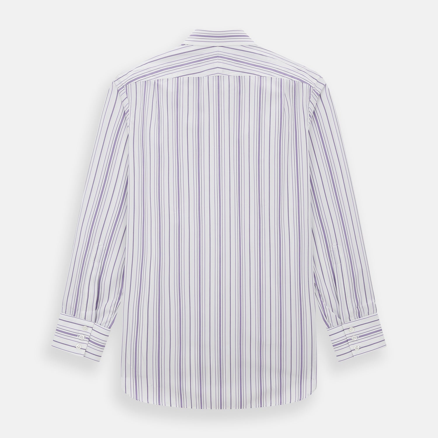 Image 3 of product The Purple Multi Stripe Mayfair Shirt by Turnbull & Asser is a long-sleeve, collared button-up featuring vertical blue and purple stripes on white, ideal for formal occasions. The shirt is neatly displayed flat against a white background.