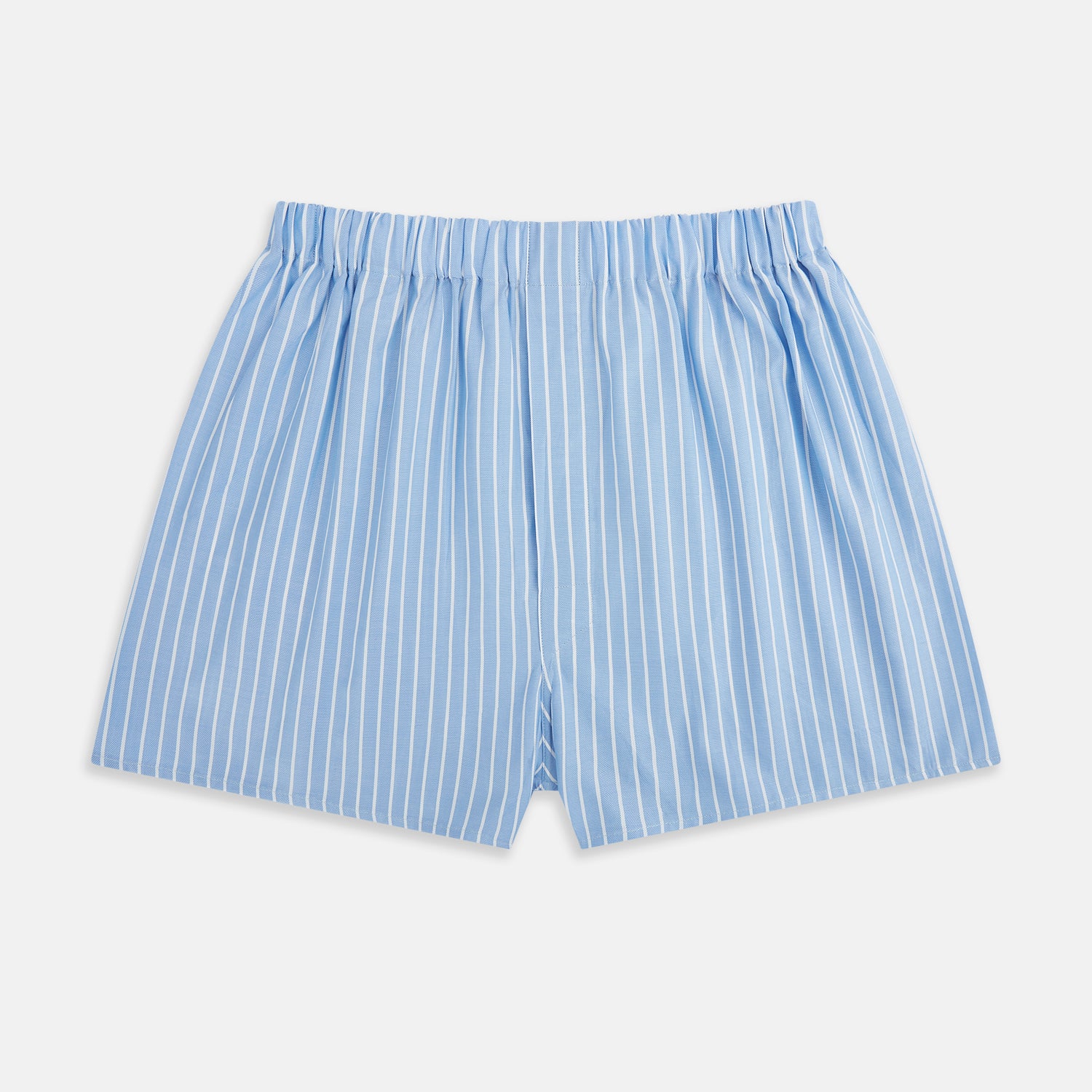 Image 1 of product Turnbull & Asser White and Blue Stripe Godfrey Boxer Shorts, crafted from premium Italian cotton with vertical white pinstripes, an elastic waistband, and a loose fit, are shown laid flat on a white background.
