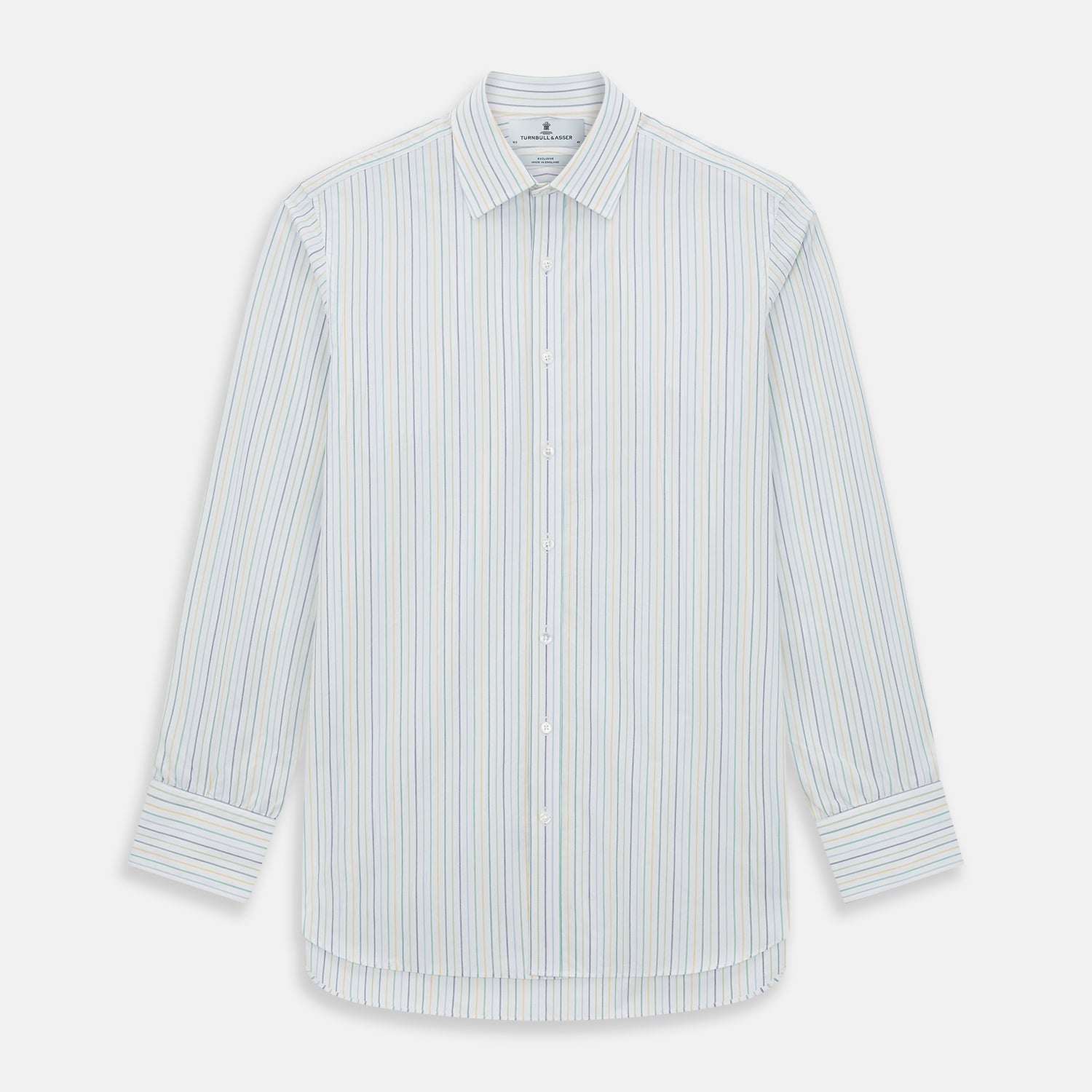Image 1 of product The Turnbull & Asser Multi Tone Double Pinstripe Mayfair Shirt is a long-sleeve pure cotton shirt with a collar and thin blue, green, and yellow double pinstripes on a white background.